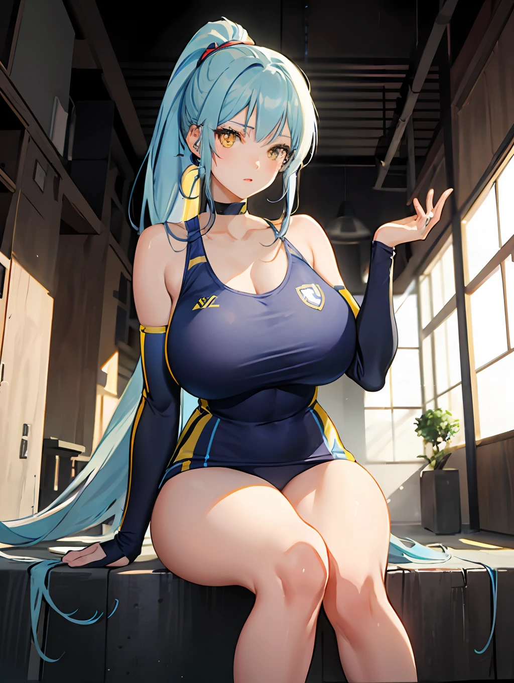 Anime, female, light blue hairs, yellow eyes, long hair, ponytail, massive boobs, sports wear, thigh, bare shoulder, collarbone, sitting, looking at viewer, in building,