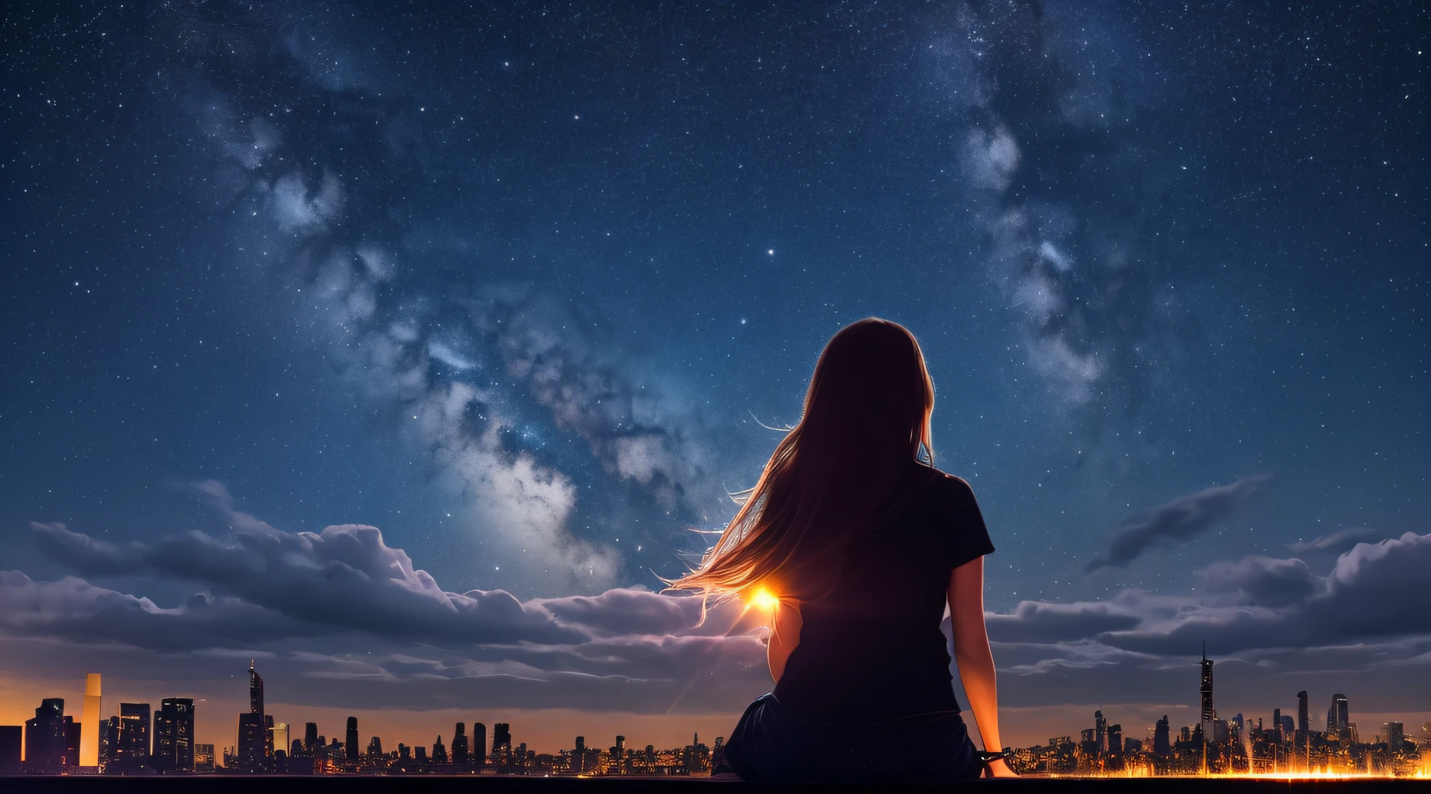 sky, star, landscape, starry sky, night, girl, night sky, solo, outdoor, signature, building, clouds, milky way, sitting, tree, long hair, city, silhouette, cityscape