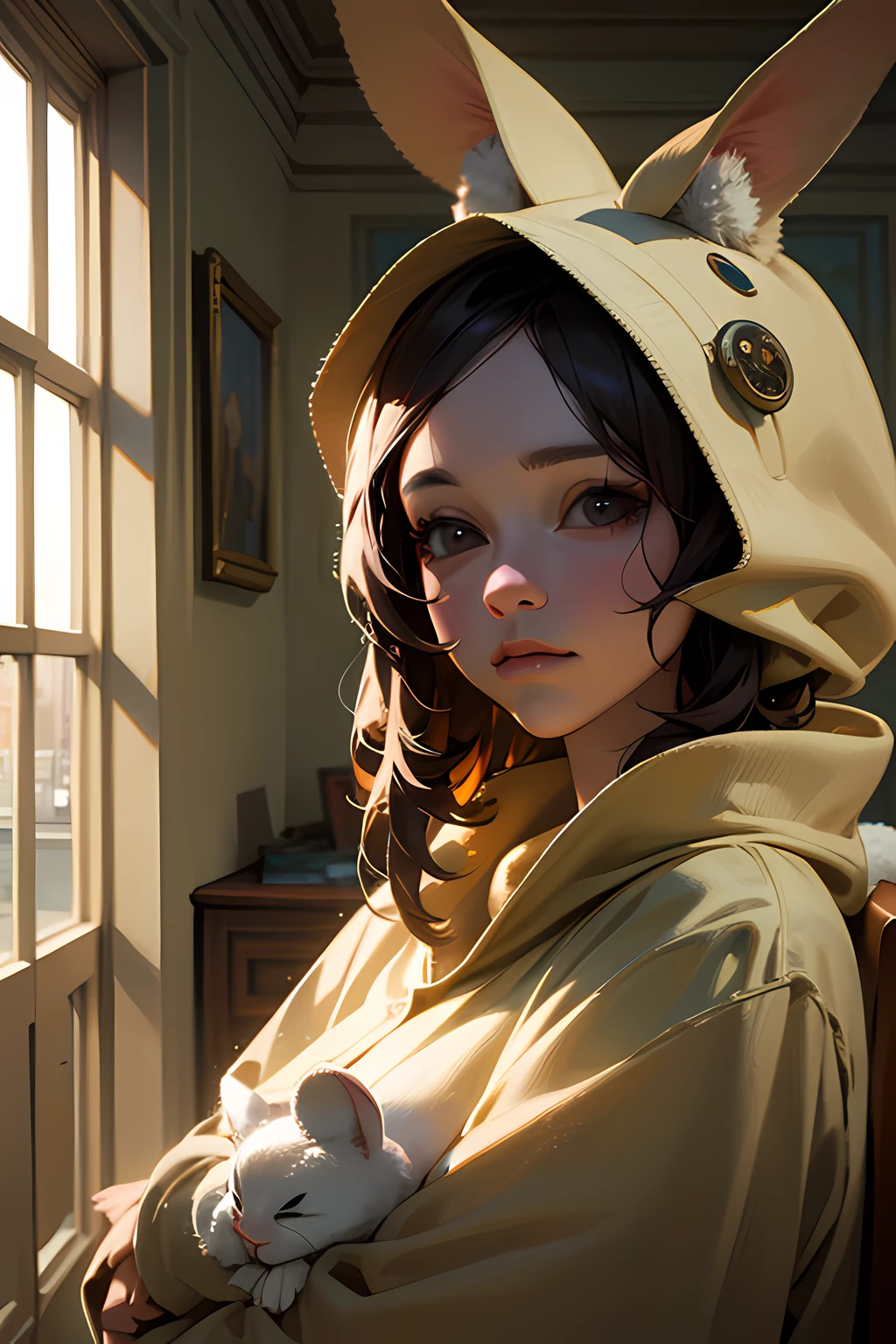 Masterpiece, top quality, realistic, cinematic lighting, beautiful expression, beautiful face modeling, woman in rabbit costume, room with cute miscellaneous goods
