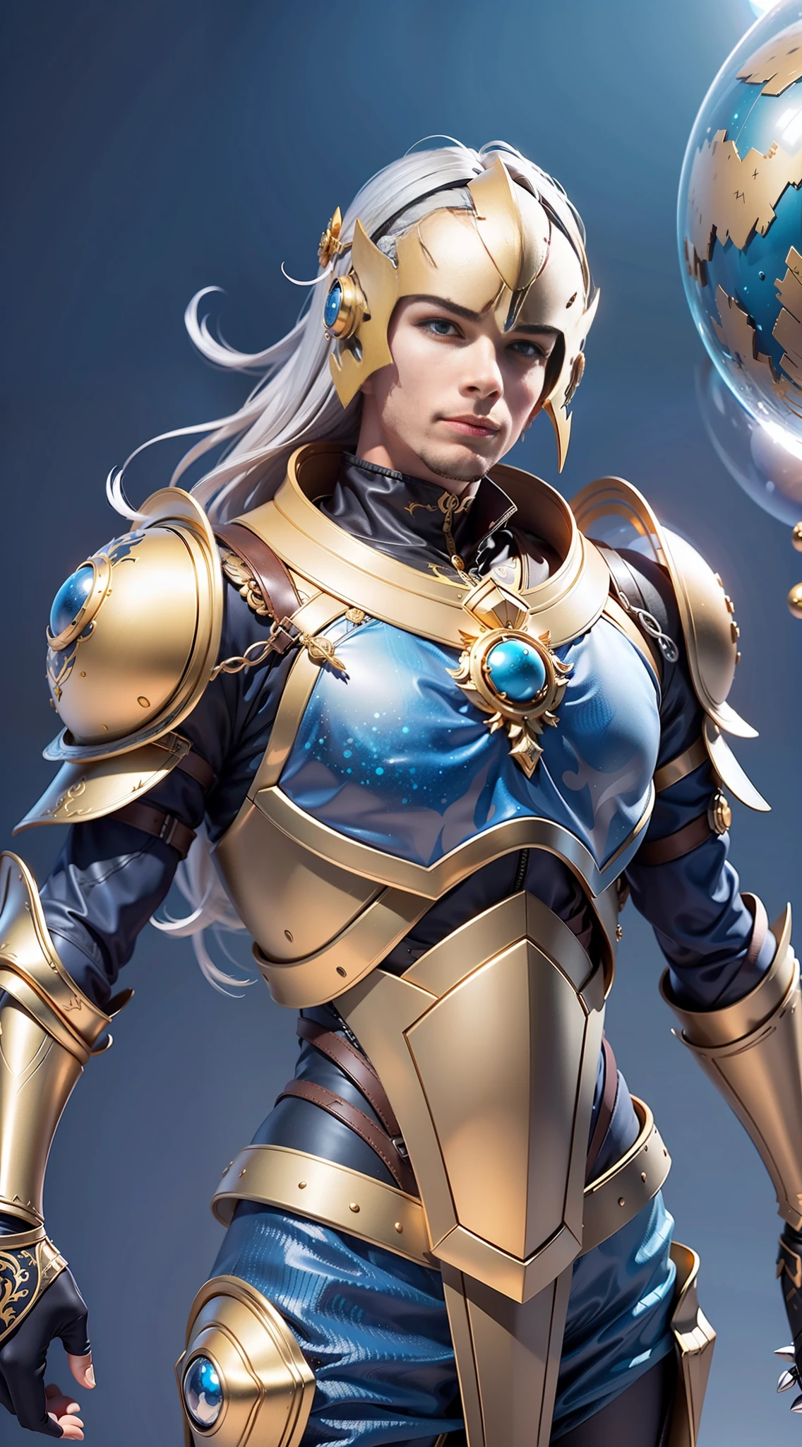 Man, Zodiac knight armor style, gray gray hair, blue eyes, human-shaped head, human body, golden armor color, a luminous blue armor middle sphere, delicate and detailed art, 8k image quality, apocalyptic background, realistic art,