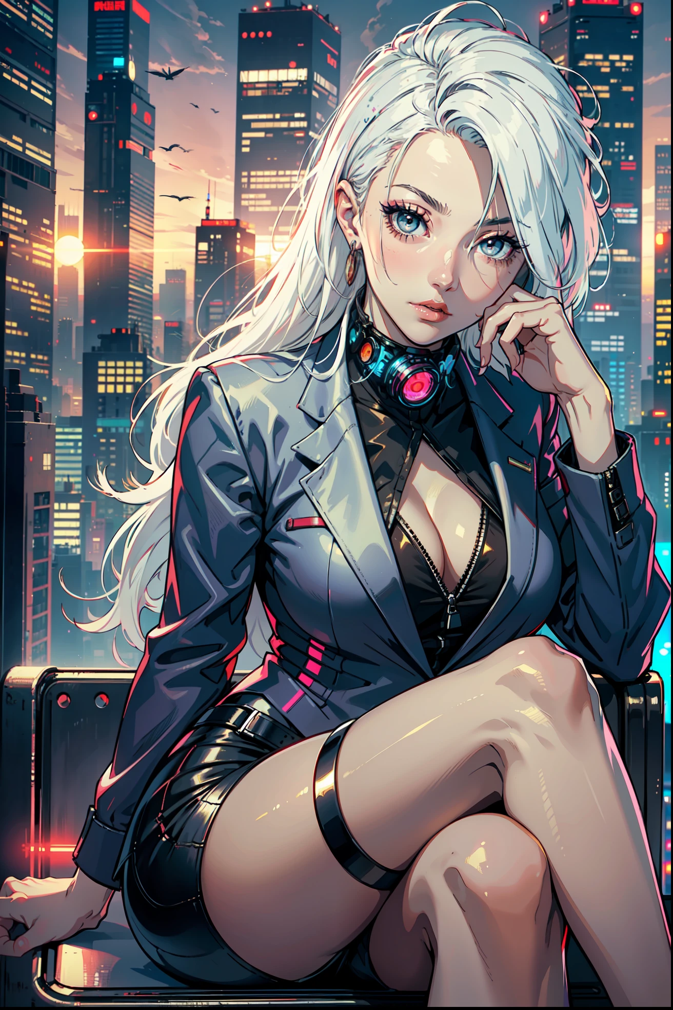 (masterpiece:1.3), (8k, photorealistic, RAW photo, best quality: 1.4), (1girl), beautiful face, (realistic face), Nice hairstyle,Realistic Eyes,Nice detail eyes,(Realistic Skin),Beautiful Skin,Ridiculous,attractive,Ultra high Resolution,an ultra realistic,RAWExtremely detailed,golden proportions, Woman wearing business outfit, formal blazer, white blouse, high waist business skirt, beautiful, masterpiece, best quality, perfect lighting, (white hair:1.4), long hair, (grey eyes:1.2), slender build, thin, medium breasts, business woman, ceo, sitting in luxurious black office chair, giant modern window with view of dusk cyberpunk city skyline in background, close up, dusk, (cyberpunk city background:1.3), (Hazy sky:1.2), (Dim red sun:1.3), eyelashes, dark eyeliner, cyberpunk, older