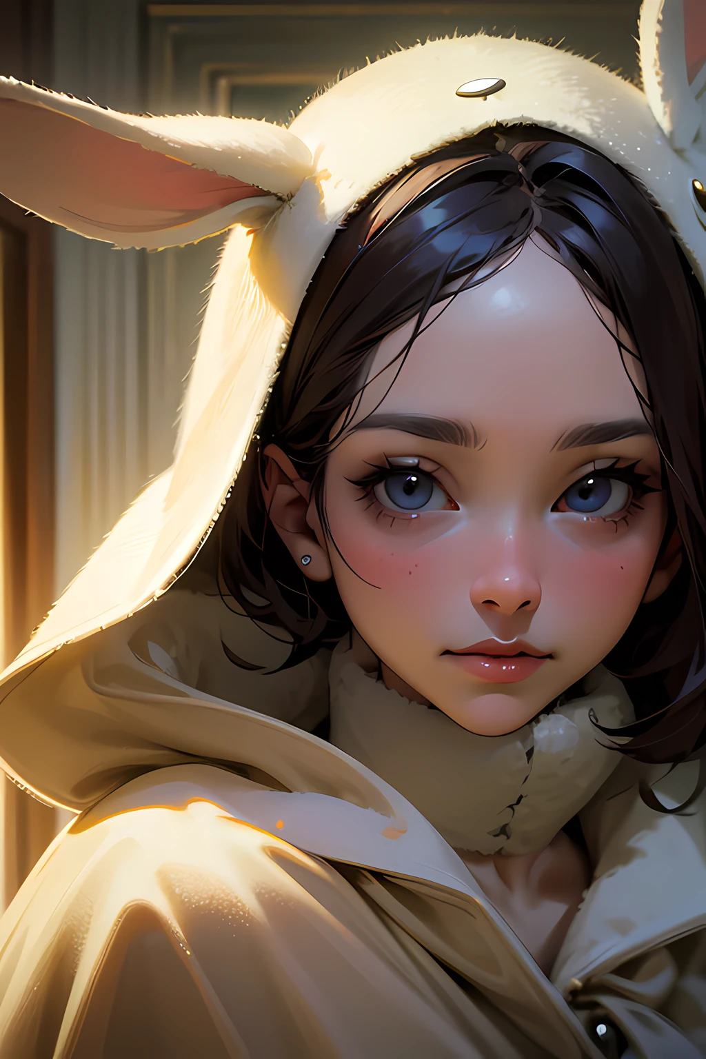 Masterpiece, top quality, realistic, cinematic lighting, beautiful expression, beautiful face modeling, woman in rabbit costume, room with cute miscellaneous goods
