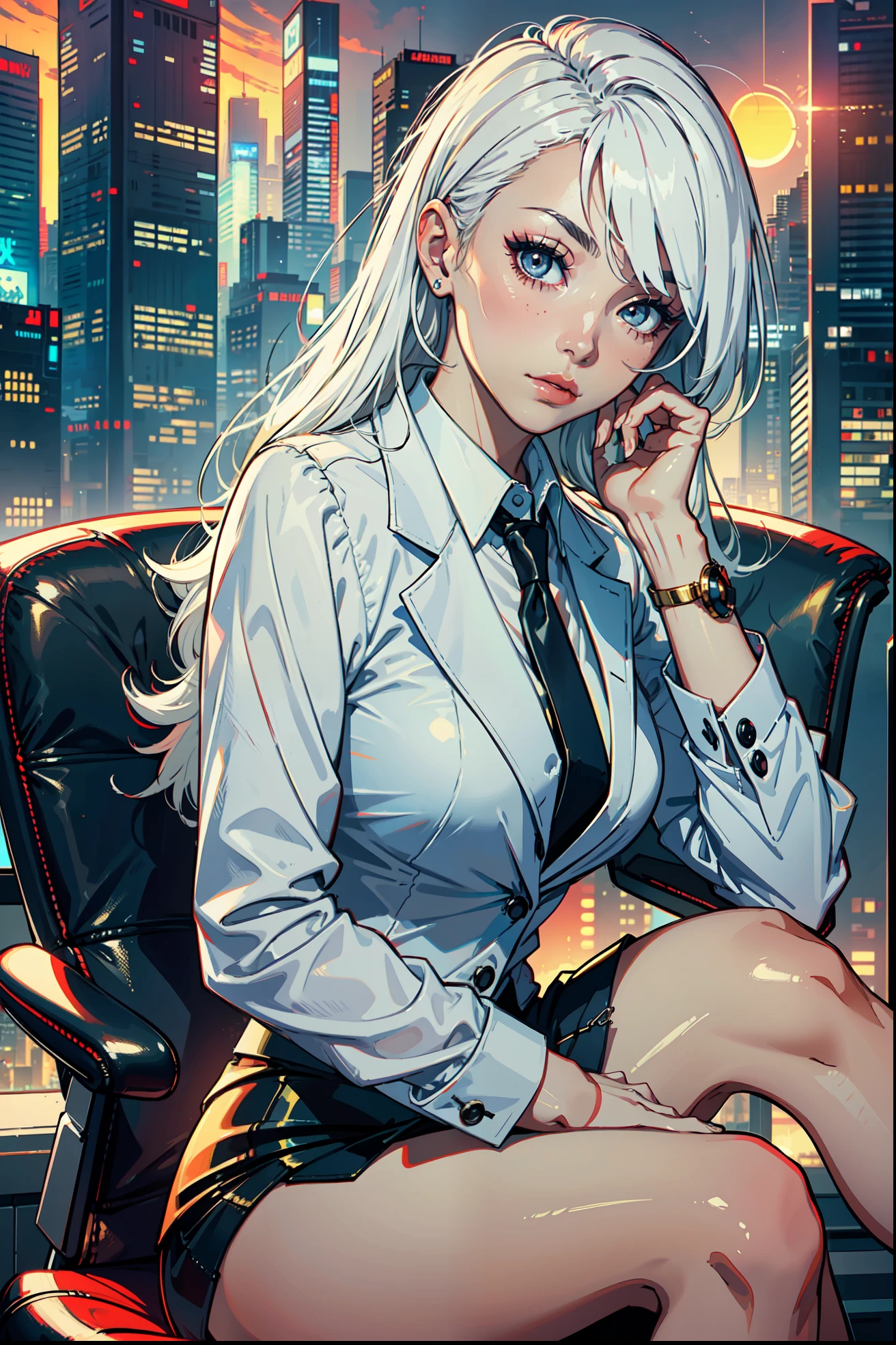 (masterpiece:1.3), (8k, photorealistic, RAW photo, best quality: 1.4), (1girl), beautiful face, (realistic face), Nice hairstyle，Realistic Eyes，Nice detail eyes，（Realistic Skin），Beautiful Skin，Ridiculous，attractive，Ultra high Resolution，an ultra realistic，RAWExtremely detailed，golden proportions, Woman wearing business outfit, formal blazer, white blouse, high waist business skirt, beautiful, masterpiece, best quality, perfect lighting, (white hair:1.4), long hair, (grey eyes:1.2), slender build, thin, medium breasts, business woman, ceo, sitting in luxurious black office chair, giant modern window with view of dusk cyberpunk city skyline in background, close up, dusk, (cyberpunk city background:1.3), (Hazy sky:1.2), (Dim red sun:1.3), eyelashes, dark eyeliner, cyberpunk, older