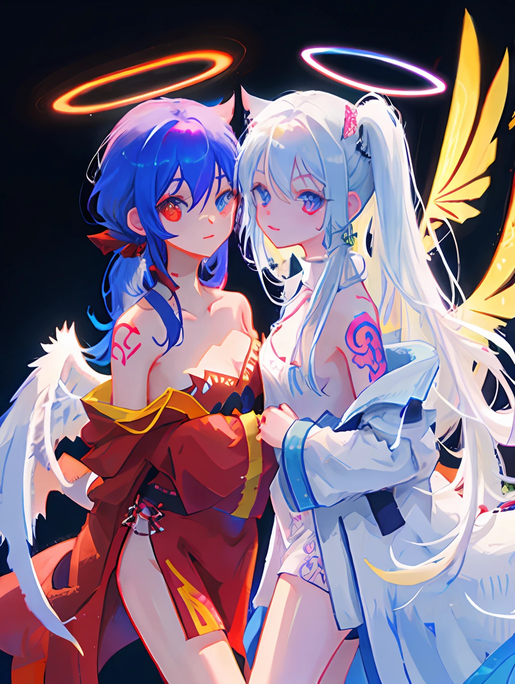 Red eyes on the left, blue eyes on the right, angel halo, girl, demon wings, black and white hair, imprints on the face, a demon horn on the head, angel clothes, slim figure, slightly fat, fully developed, single ponytail, tattoos on the 🈶 body, animal ears, cat's claws, animal tail, naked