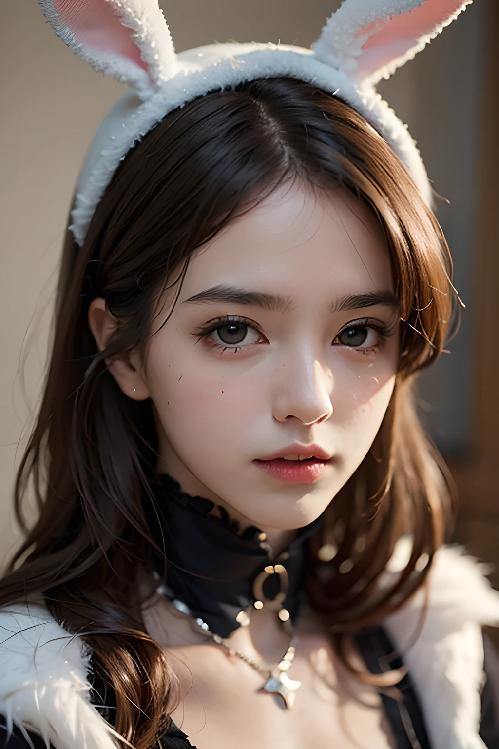 Masterpiece, top quality, realistic, cinematic lighting, beautiful expression, beautiful face modeling, woman in rabbit costume, room with cute miscellaneous goods