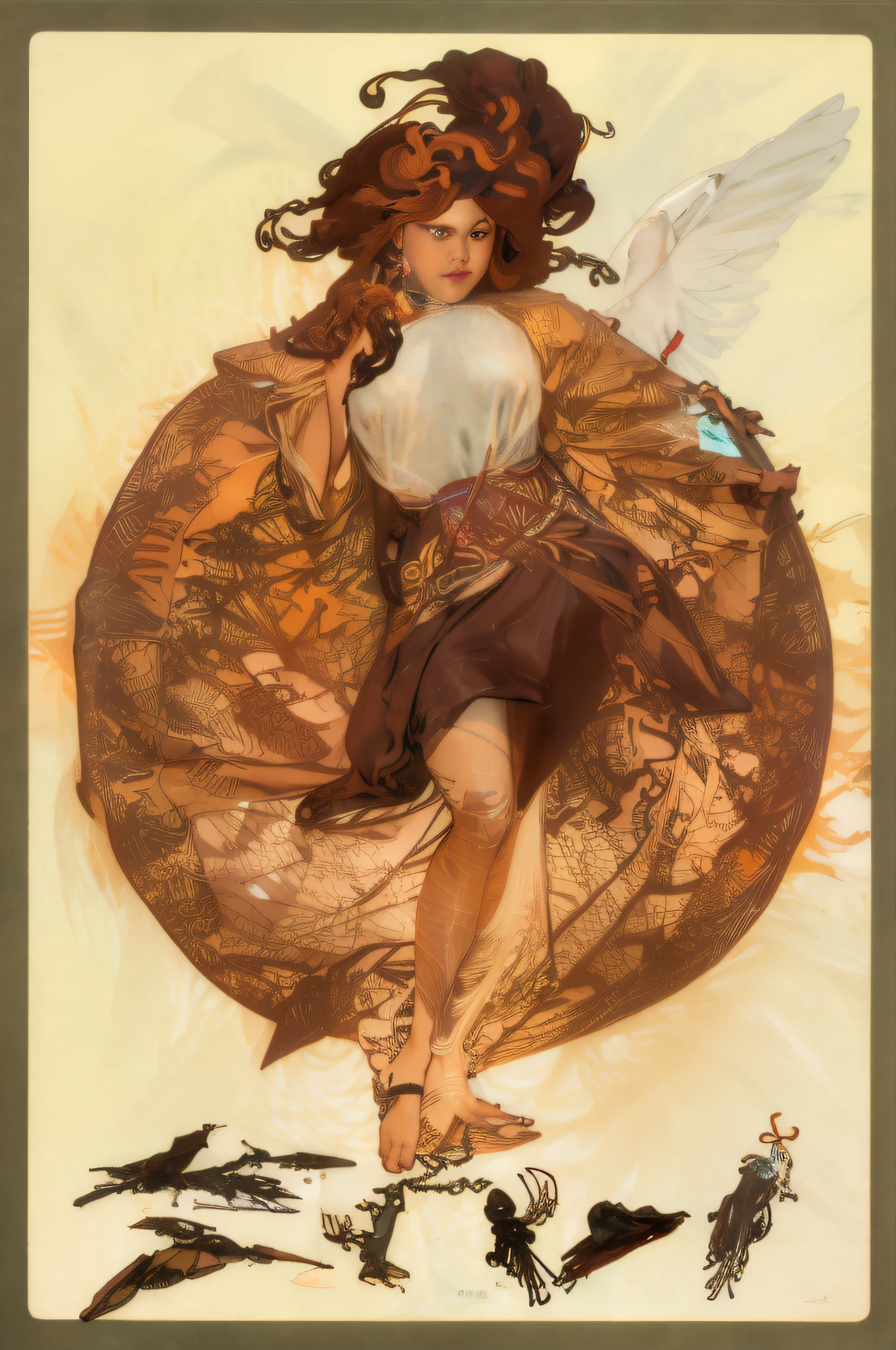 painting of a woman with a white bird in her hand, mucha. art nouveau. gloomhaven, alphonse mucha and craig mullins, alphonse mucha and rossdraws, craig mullins alphonse mucha, artgerm mucha, alphonse mucha cgsociety, artgerm and alphonse mucha, mucha style 4k, jc leyendecker and sachin teng