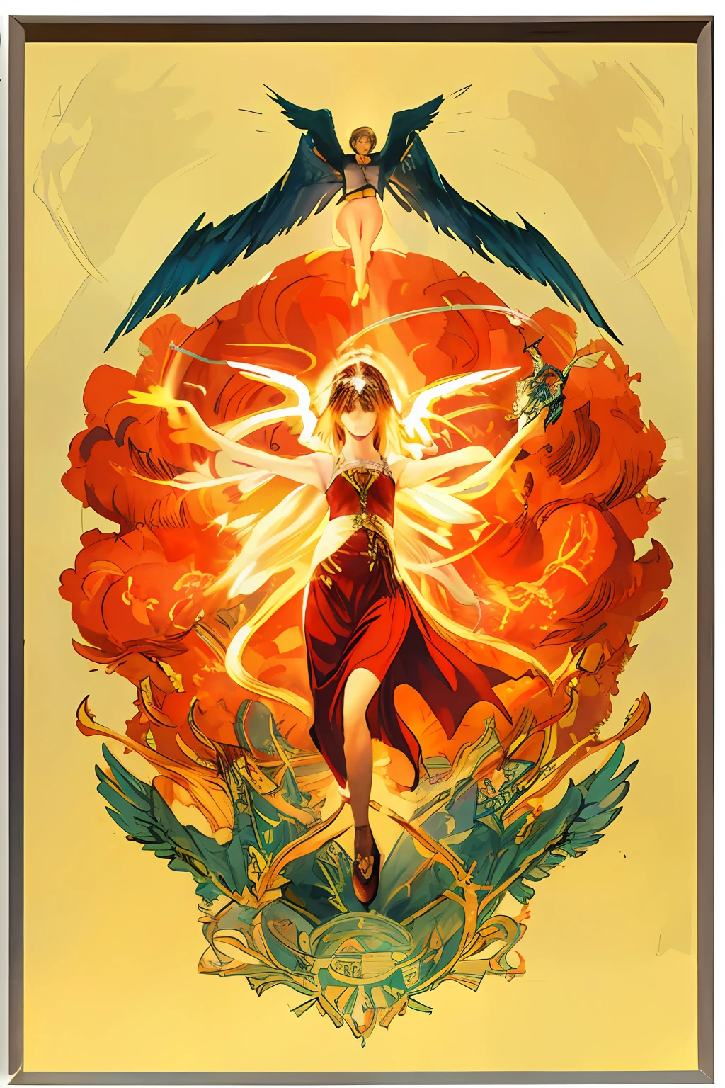 (((high quality))), artwork, amazing illustration, with magical powers in the hands,(1 angel), blue wings, explosion, mystical environment.