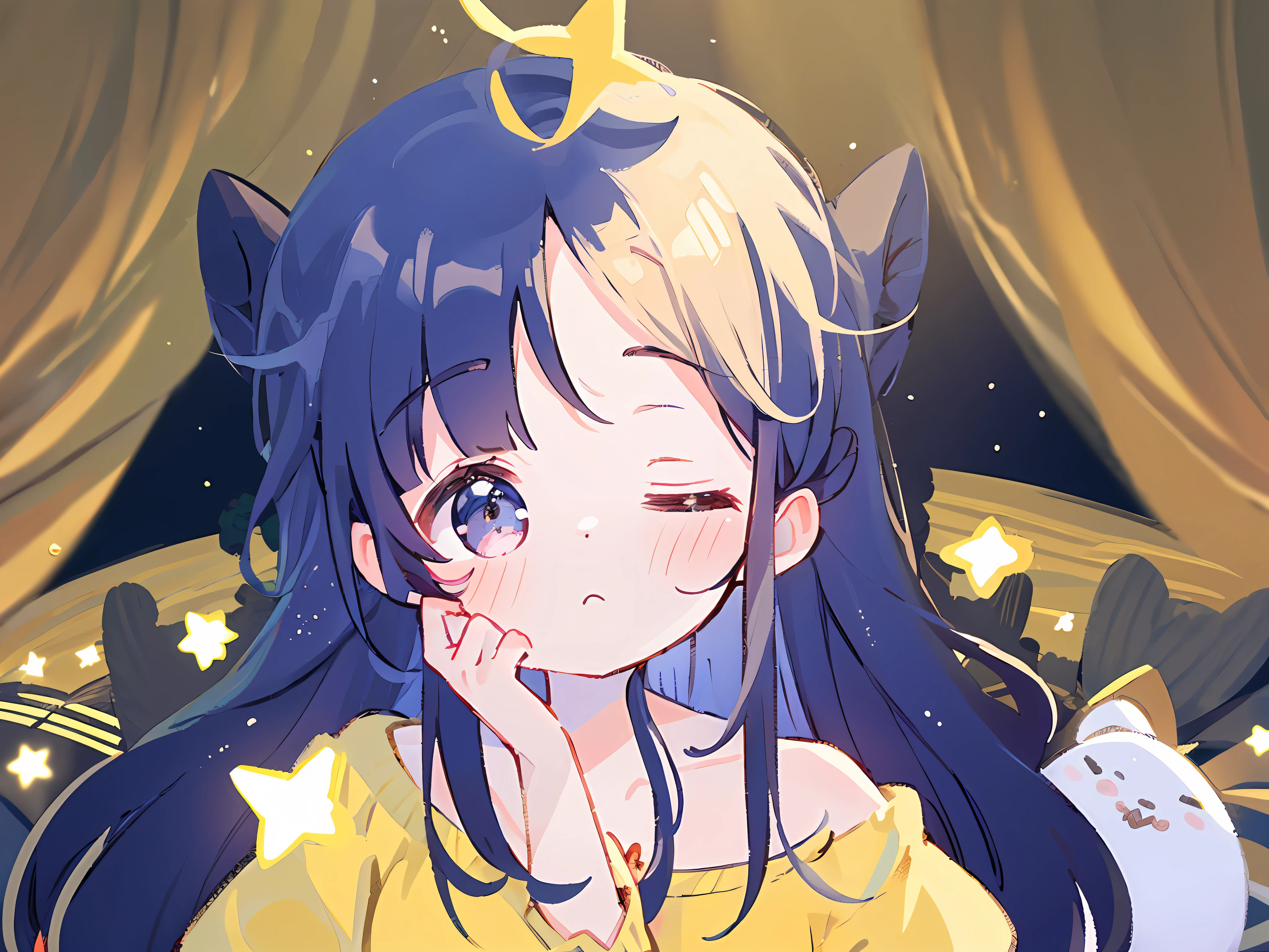 Top Quality, Masterpiece, Ultra High Resolution, Pretty Facial Features, Flat Design, Yellow Themes, Shoshi no Ko, Hoshino Ai, (Sleepy Eyes: 1.1), (Cute Yellow Night Dress), Cute, One Hand on Face, Bedtime, Disheveled Long Hair,
(simple dark background), giant stars shining in the dark, cure, ziyu,