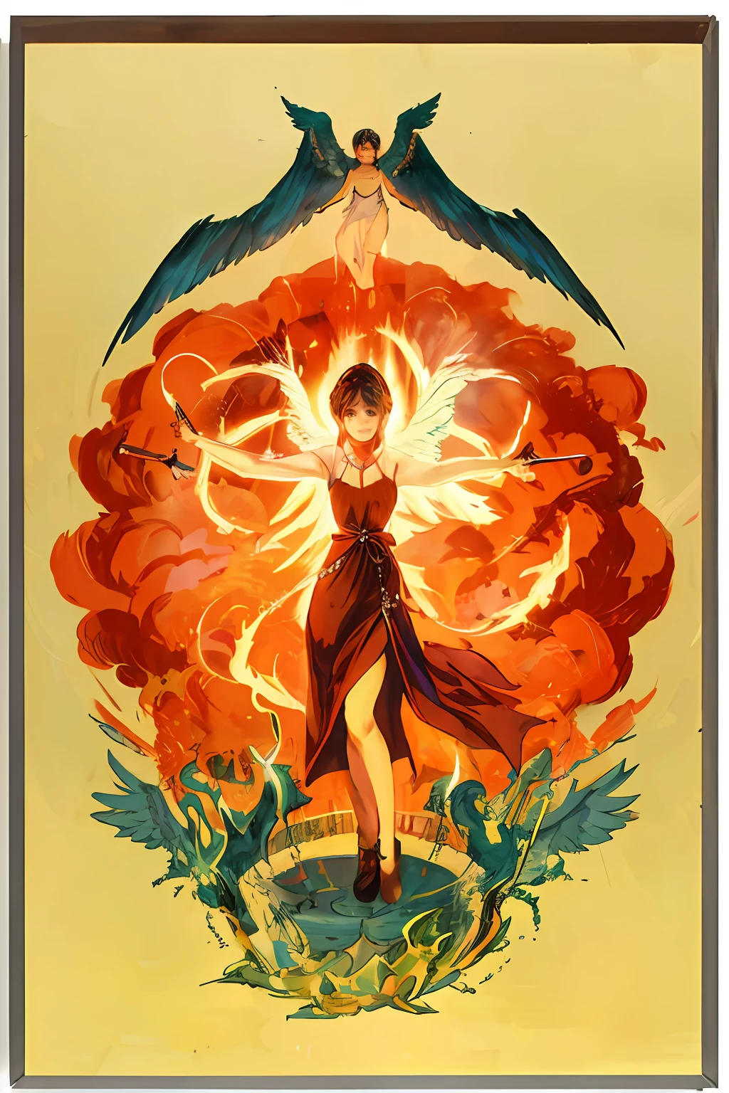 (((high quality))), artwork, amazing illustration, with magical powers in the hands,(1 angel), blue wings, explosion, mystical environment.