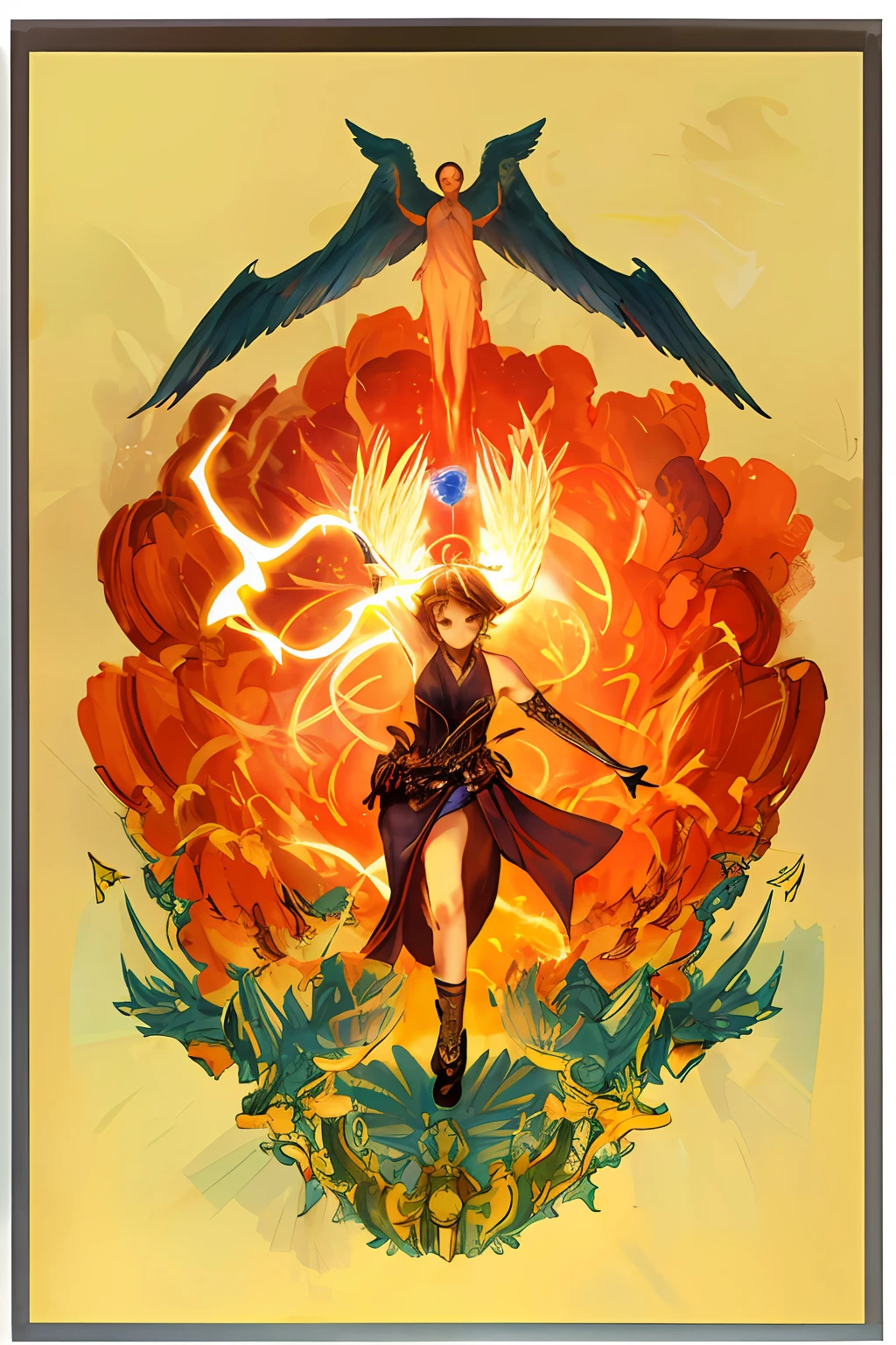 (((high quality))), artwork, amazing illustration, with magical powers in the hands,(1 angel), blue wings, explosion, mystical environment.