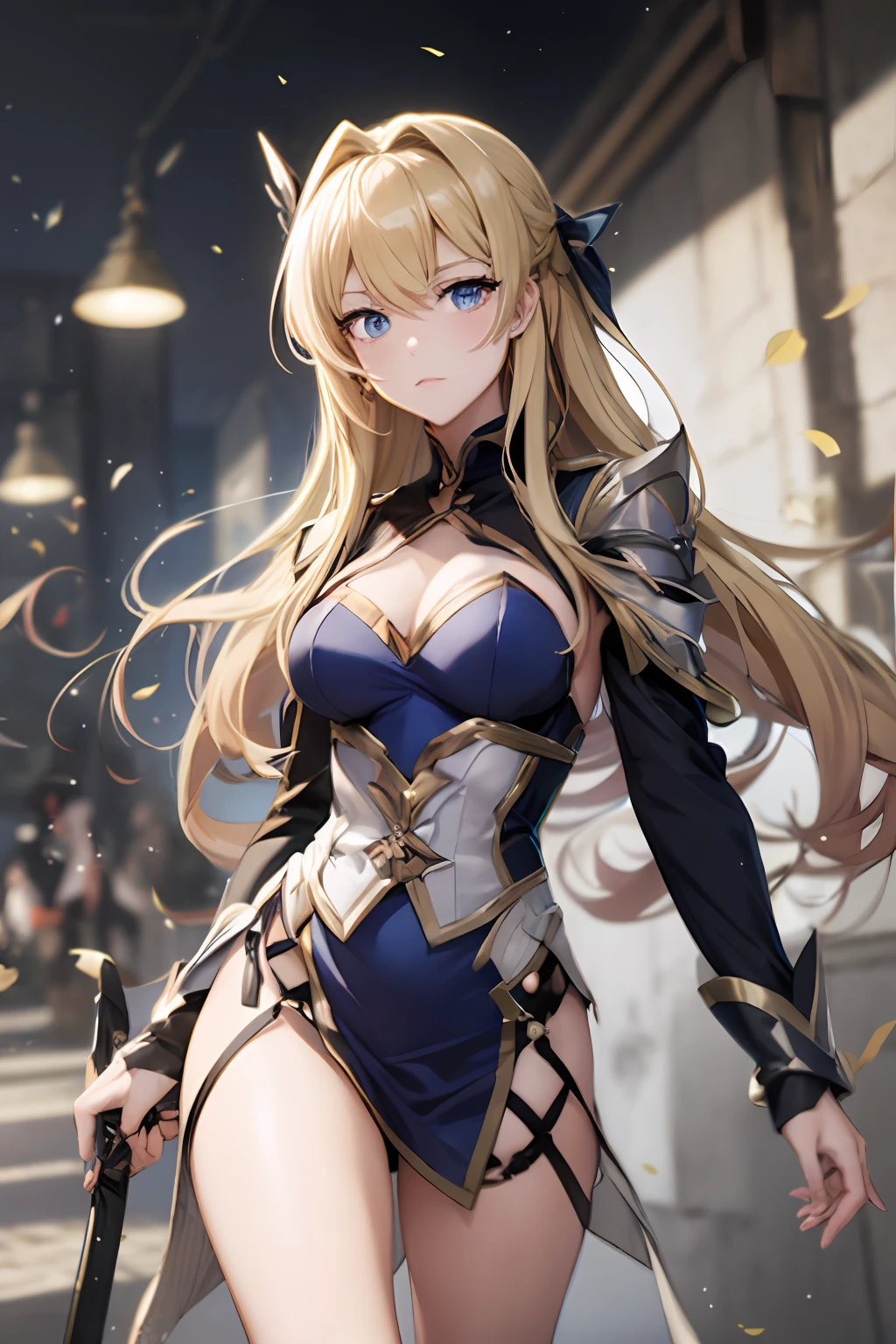 ((Top Quality, 8K,)) 1 Woman, Blonde Hair and Red-Eyed Anime Girl, Anime Girl Named Lucy, Portrait of a Female Anime Hero, Female Anime Character, Zodiac Girl Portrait Knight, Artoria Pendragon, Hajime Yatate, Symphogear, Giorno Giovanna, Cornelia from Code Geass, War Maiden Subia, Small White loose socks Beautiful legs　Standing Sexy Pose Bewitching School