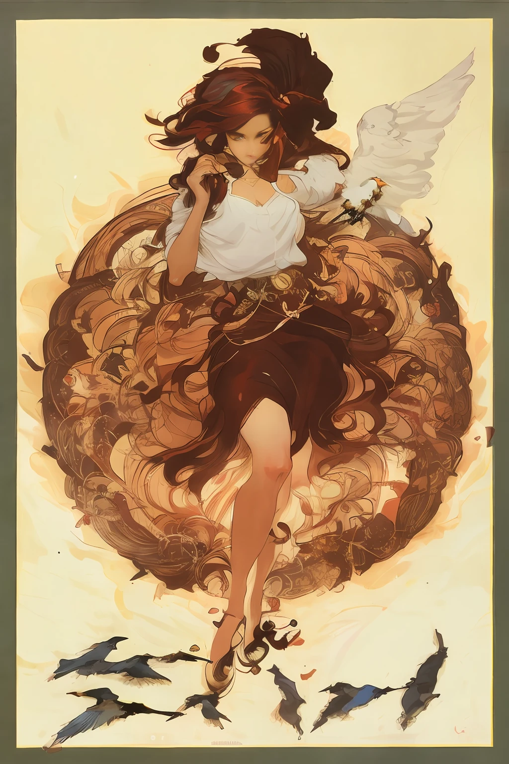 there is a woman with a bird on her shoulder and a bird on her arm, artgerm mucha, alphonse mucha and rossdraws, artgerm and alphonse mucha, style ivan talavera and artgerm, in the art style of mohrbacher, inspired by Jon Foster, alphonse mucha and craig mullins, art nouveau lilith