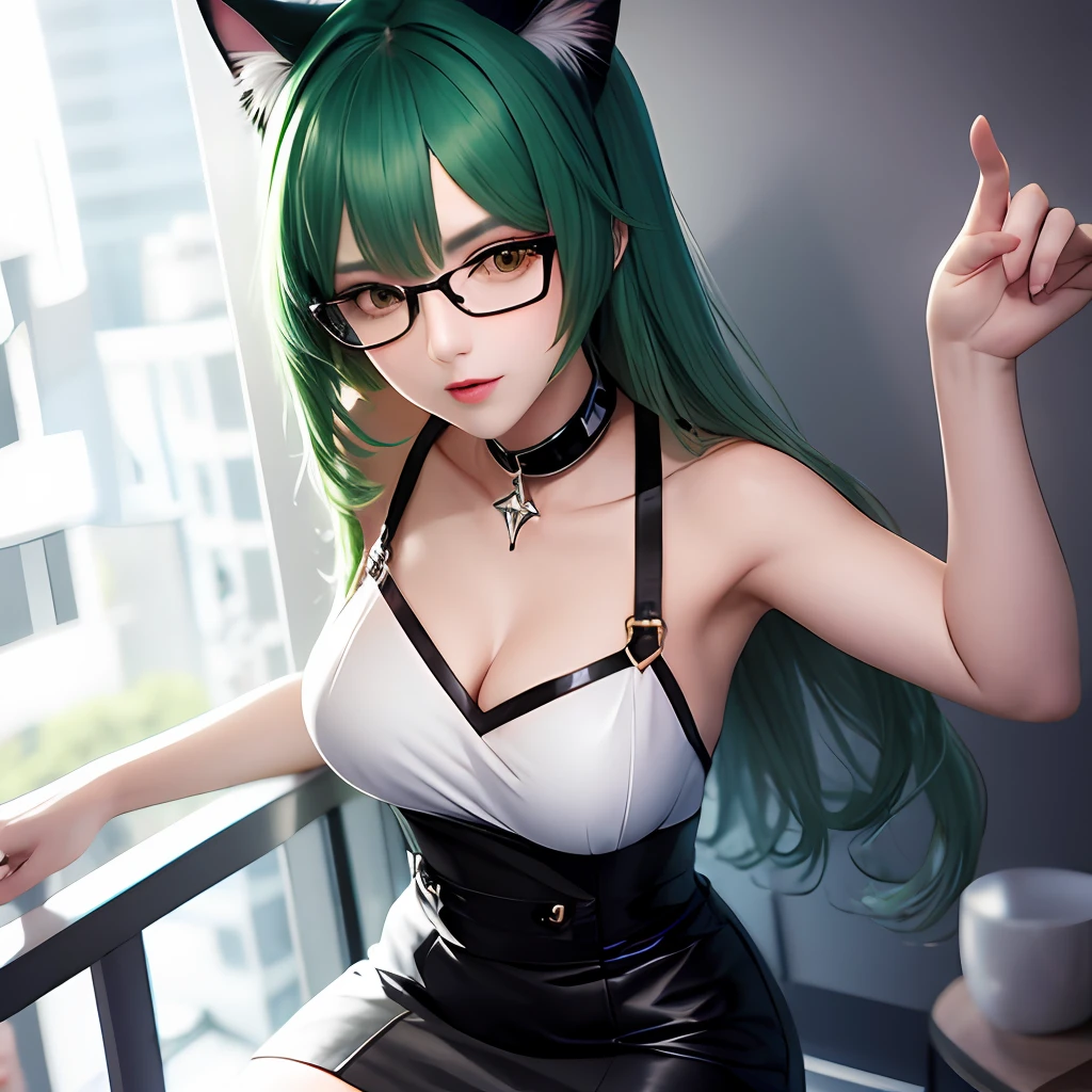 Green hair, cat ear lady, short skirt, medium breasts, sexy, high detail skin: 1.2, glasses lady, low neckline, soft light