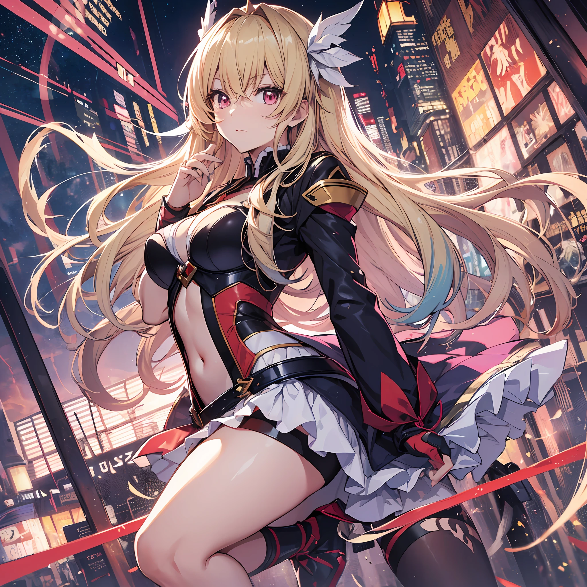 ((Top Quality, 8K,)) 1 Woman, Blonde Hair and Red-Eyed Anime Girl, Anime Girl Named Lucy, Portrait of a Female Anime Hero, Female Anime Character, Zodiac Girl Portrait Knight, Artoria Pendragon, Hajime Yatate, Symphogear, Giorno Giovanna, Cornelia from Code Geass, War Maiden Subia, Small White loose socks Beautiful legs Standing Sexy Pose Bewitching School