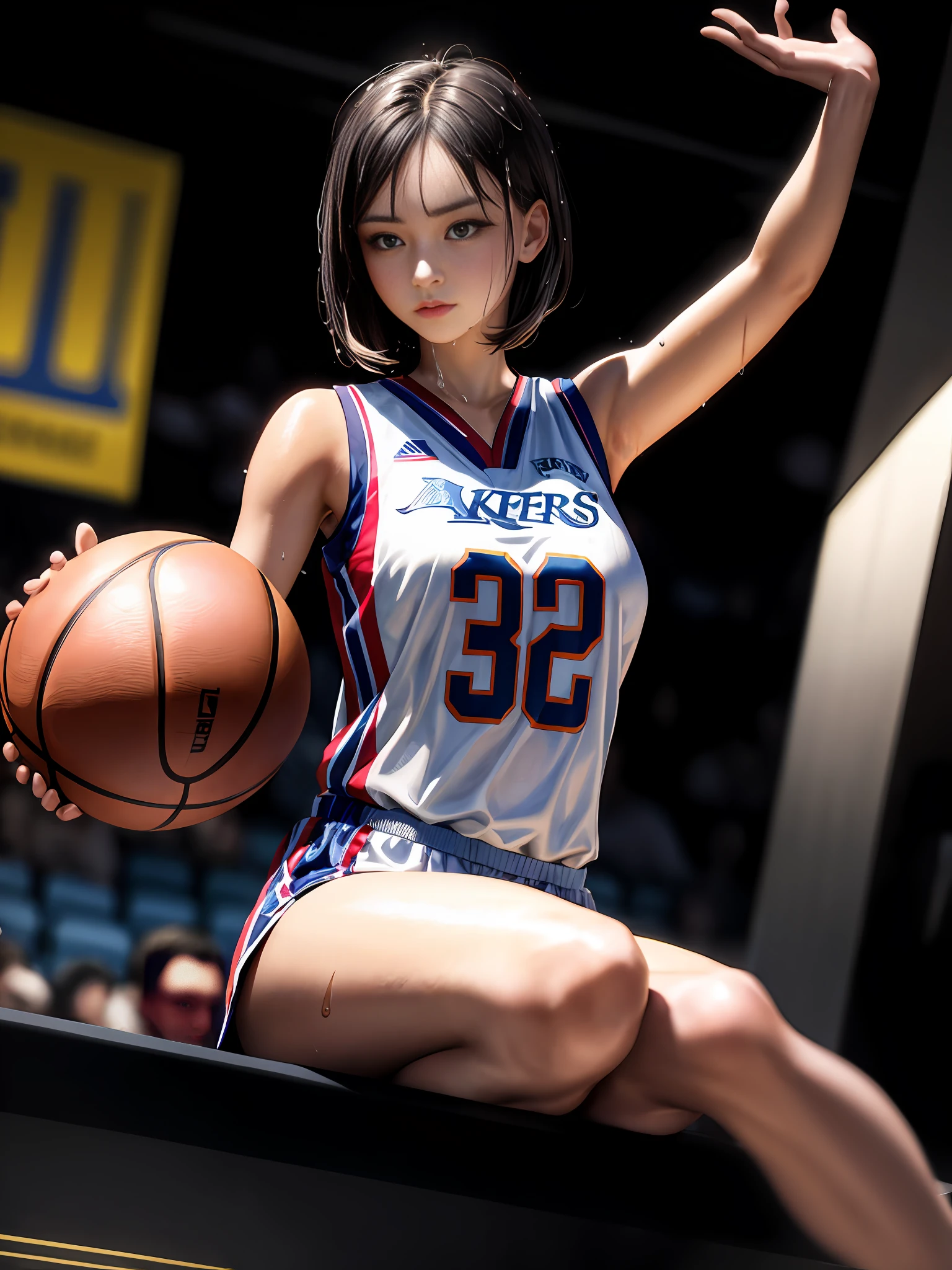 masterpiece,ultra detailed,realistic photo, 1beautiful girl, basketball uniform,detailed crewcut hair, big eyes, looked away,small delicate head,shiny skins,large breasts,nice foots,wet skins sweat,basketball venue,