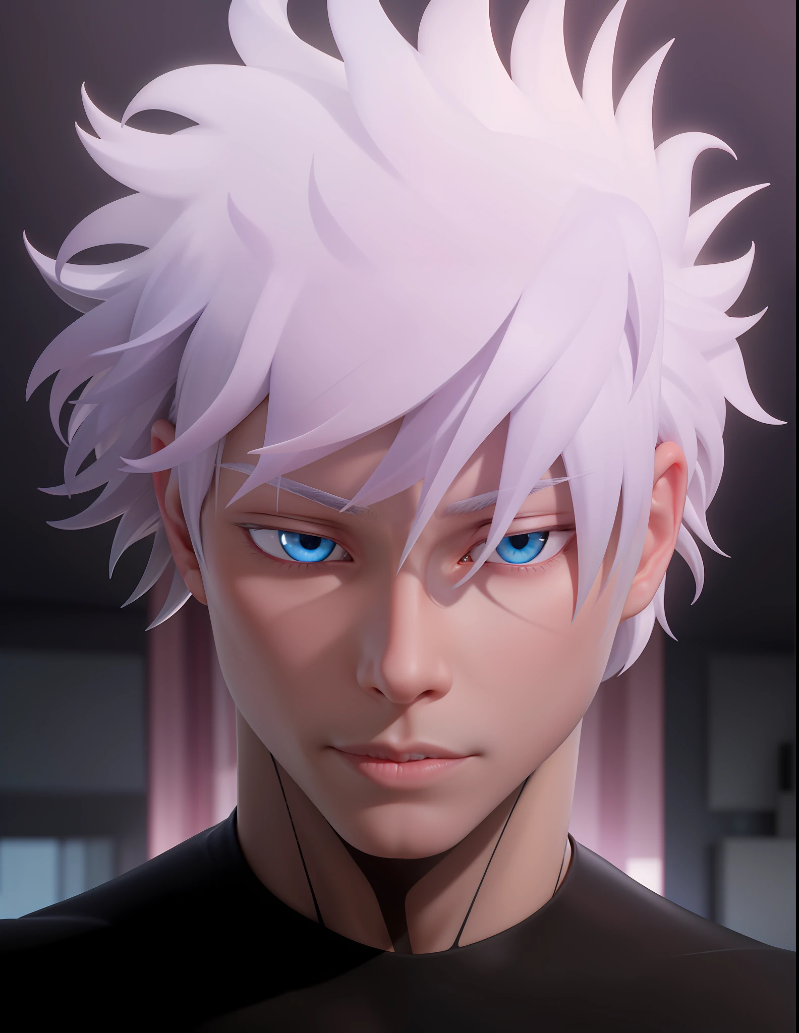 A very handsome male character with white hair, blue eyes, thin and delicate face, muscular, gojo satoru, satoru gojo, gojo