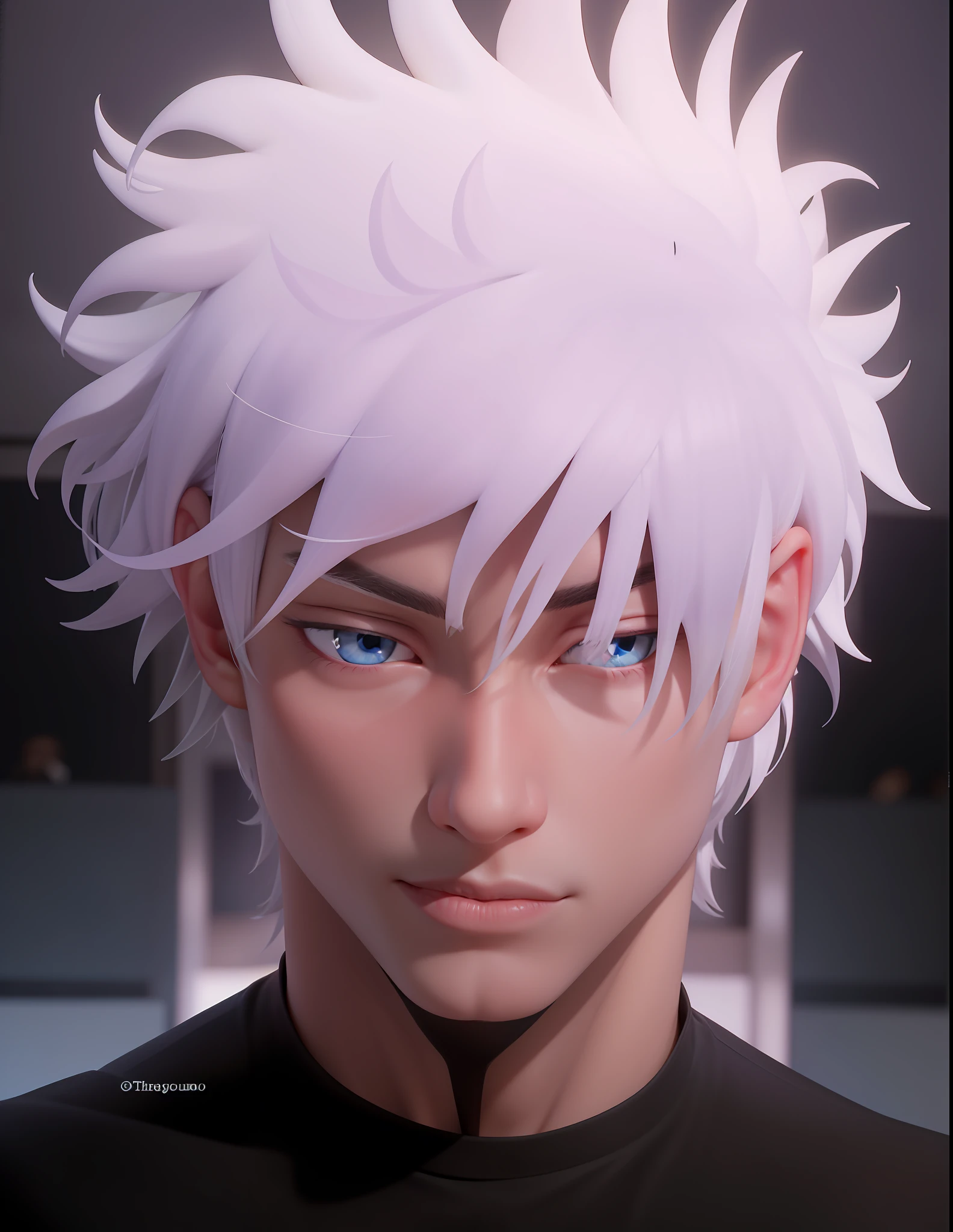 A very handsome male character with white hair, blue eyes, thin and delicate face, muscular, gojo satoru, satoru gojo, gojo