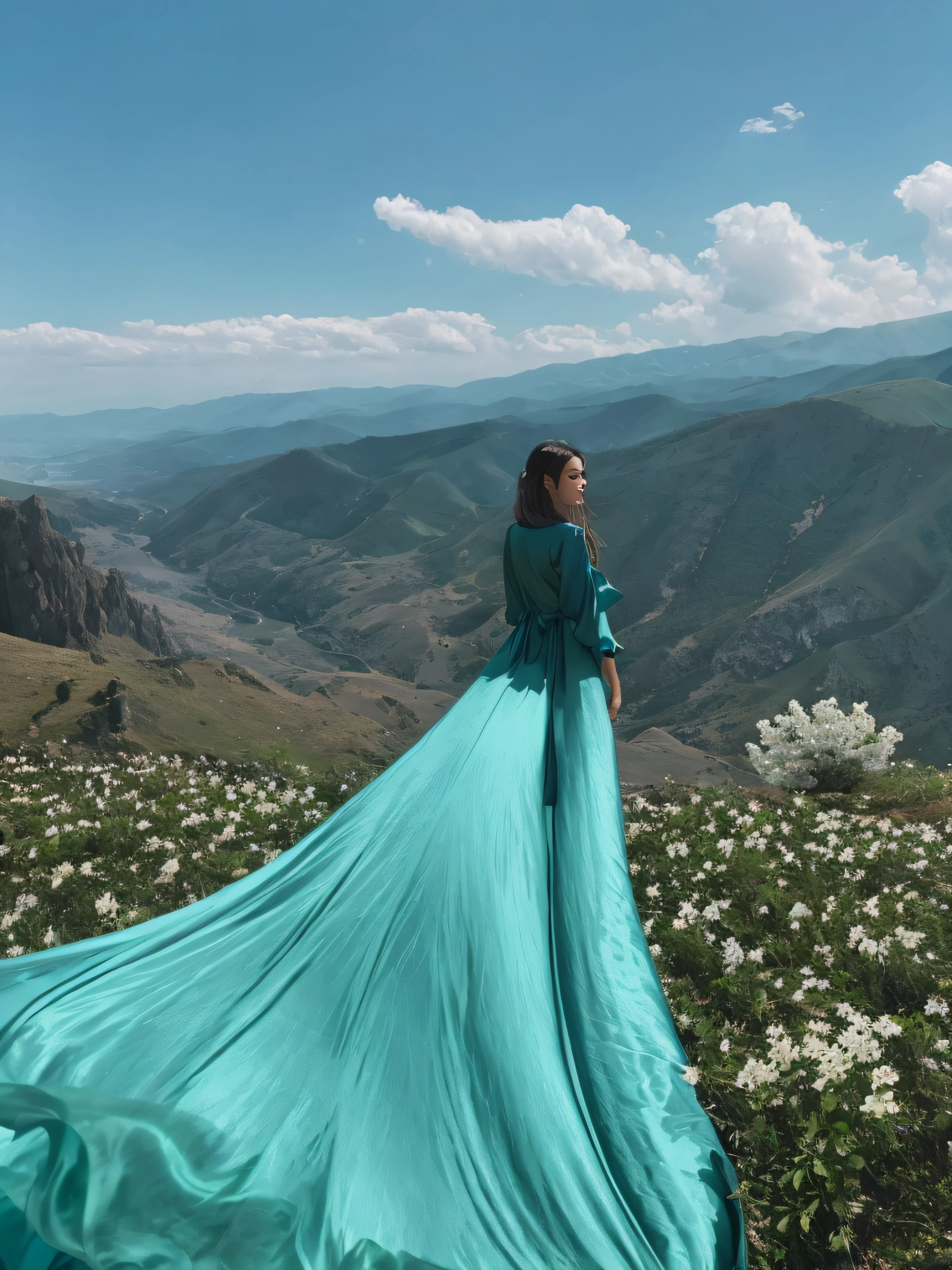 Arafed woman in a long turquoise dress standing on a mountain, behind this turquoise mountain, a flowing dress, in the mountains, silk flowing in the wind, a flowing dress, in a flowing dress, in a magnificent dress, flowing turquoise silk, a large long cloth in the wind, in a luxurious silk dress, in a mountain valley, in a wonderful dress, a flowing dress, a glade with white flowers