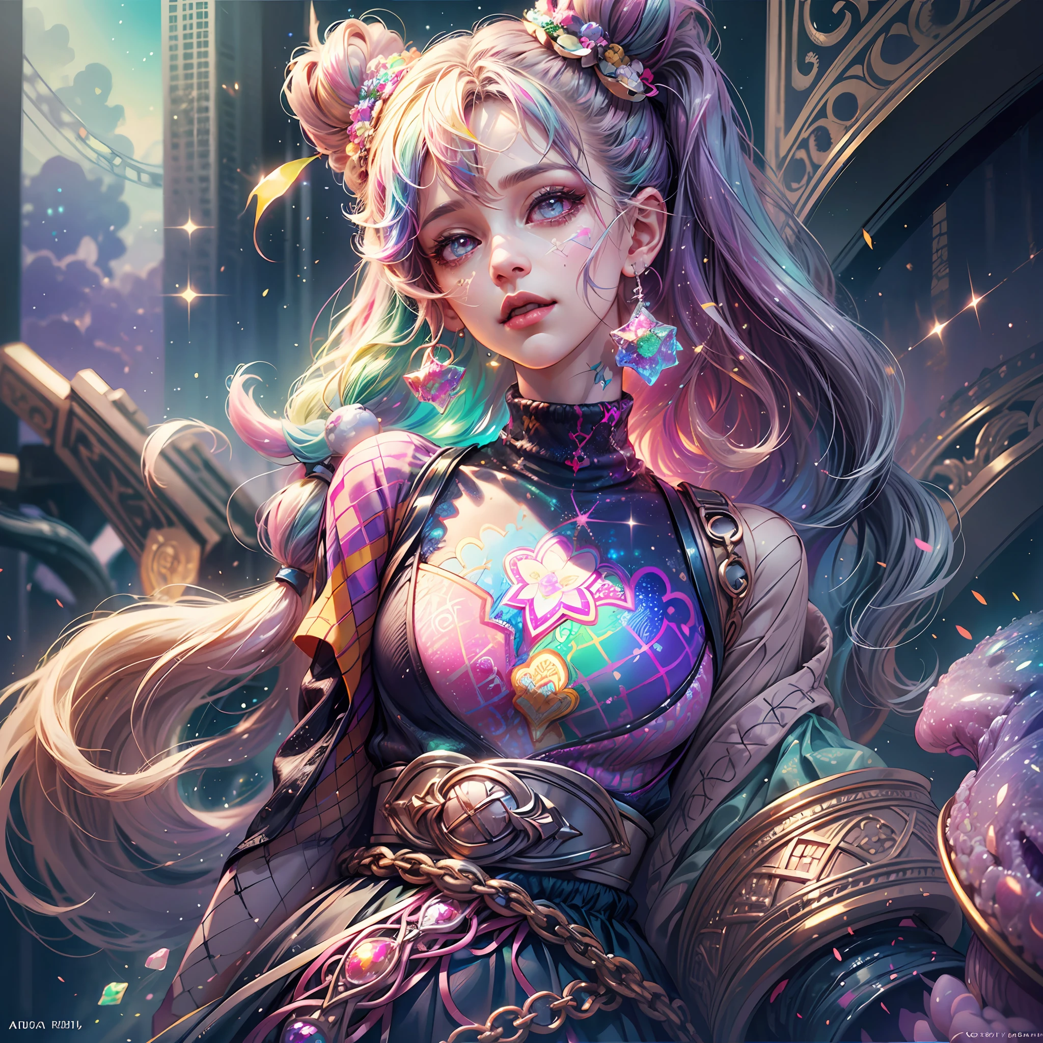 This image should be colorful and euphoric with extreme fantasy elements and very bold colors. Use (((lora:ArcherTurtleneck:1))). Generate a beautiful petite nymph with ornate and highly detailed Decora Harajuku fashion aesthetics on an interesting Harajuku street background. Her head, torso, and hips are in frame. The nymph should have a mature face with a lot of character and visual interest. Include beautiful eyes, highly detailed eyes, extremely detailed eyes, intricate eyes, 8K eyes, macro eyes. Pay close attention to intricate facial details and realistic eye shading. Include bright lisa frank rainbow colors. ((Include many realistic fantasy and rainbow Harajuku and decora details)). Clothing should be very detailed and intricate in the style of extravagant Harajuku decora street fashion with a heavy emphasis on rainbow colors. Her shirt should contain contrasting textures, colors, and patterns (((lora:ArcherTurtleneck:1))). Her pants should be highly detailed and contain contrasting textures, colors, and patterns. The image is the highest quality possible, with rich colors and an extremely high resolution. Consider influences like the artwork and colors of Lisa Frank. Utilize bright ambient lighting and dynamic composition to enhance a feeling of happiness and ((euphoria)). The image should contain shimmer, phantasmal iridescence, crystals, and bumps. (((lora:ArcherTurtleneck:1))). (((Include many decora fashion accents.)))