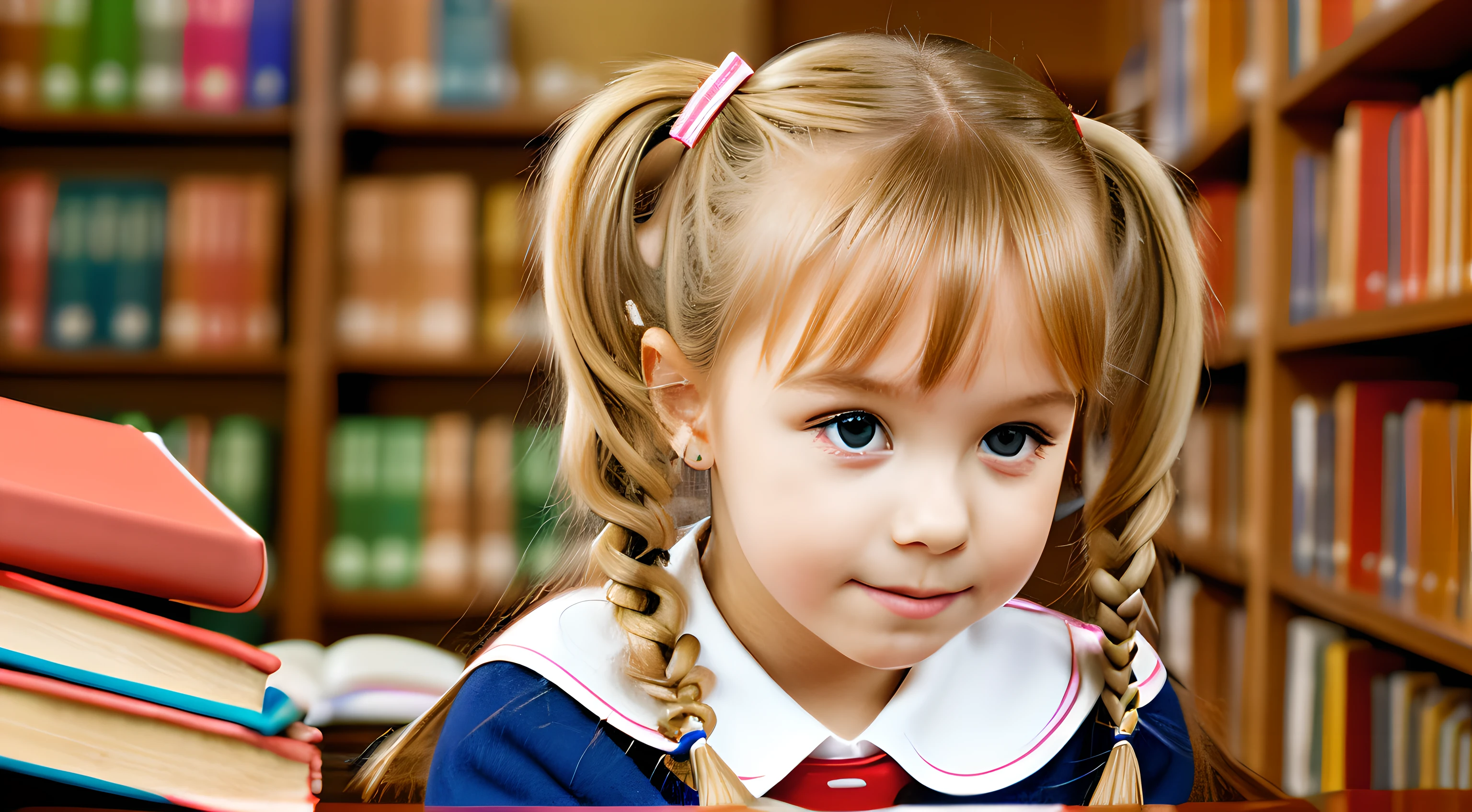 girl, , russian blonde with pigtails, at school, studying in the library, wearing school uniform