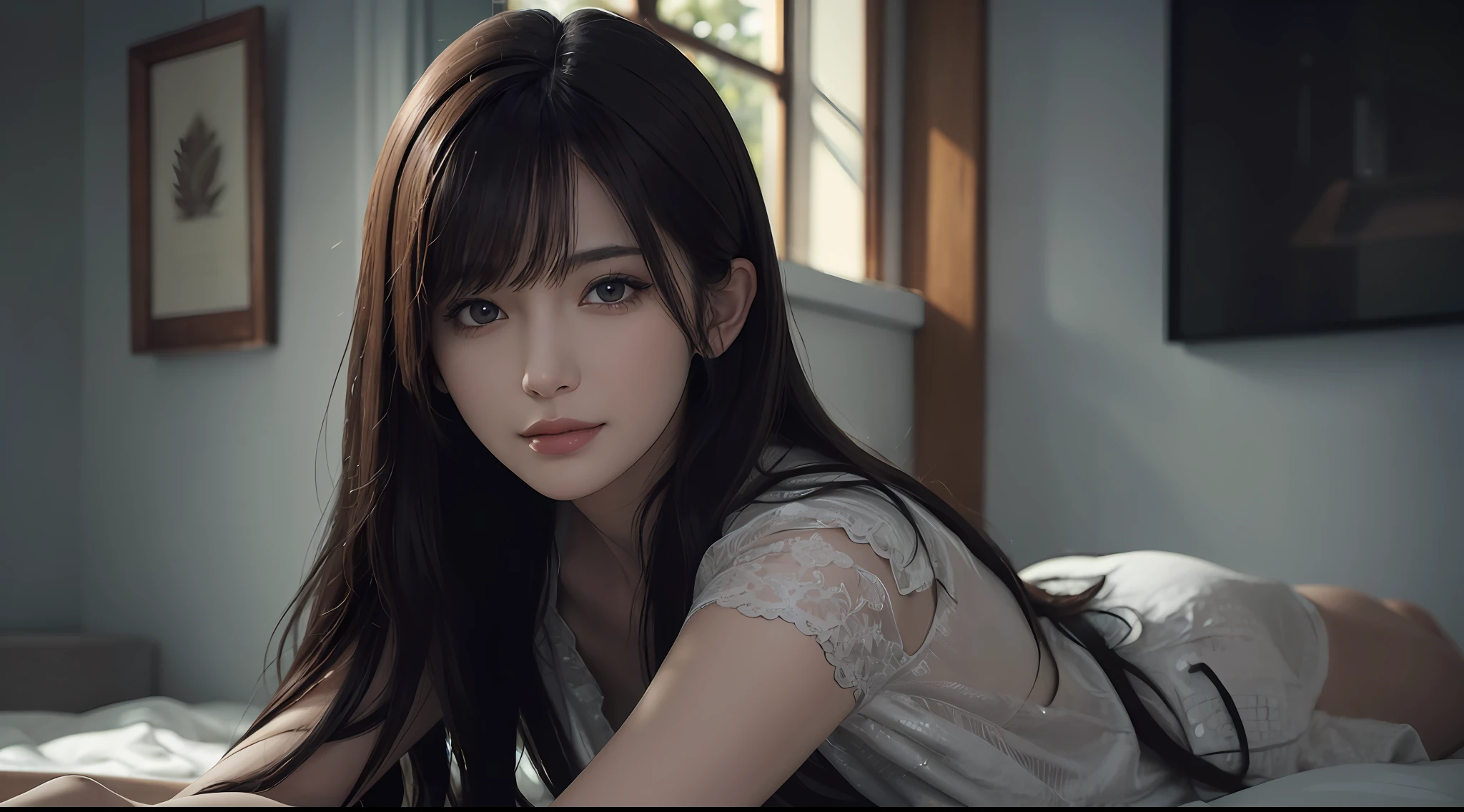 (Ultra Realistic), (Illustration), (High Resolution), (8K), (Very Detailed), (Best Illustration), (Beautiful and Detailed Eyes), (Best Quality), (Ultra Detailed), (Masterpiece), (Wallpaper), (Detailed Face), Solo, One Girl, Viewer, Fine Detail, Detailed Face, In the Dark, Deep Shadows, Low Key, pureerosfaceace_v1, Smile, Long Hair, Black shawl straight hair, 46-point diagonal bangs, full body, legs crossed