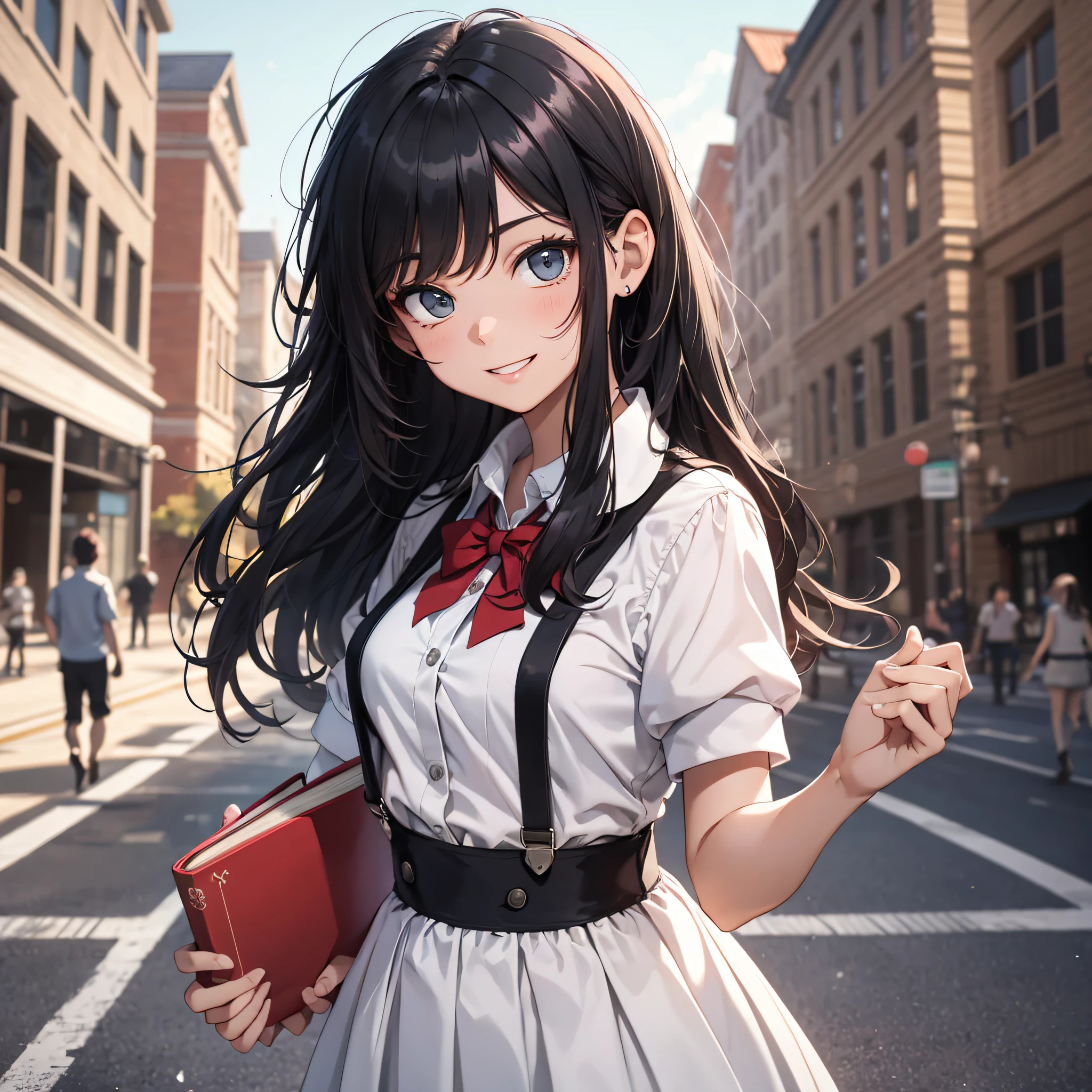 Ridiculous resolution, high resolution, (masterpiece: 1.4), hyper-detail, campus romance, young man messy black hair, white suspenders, holding hands, school dress up black hair young woman, happy expression, holding a red book