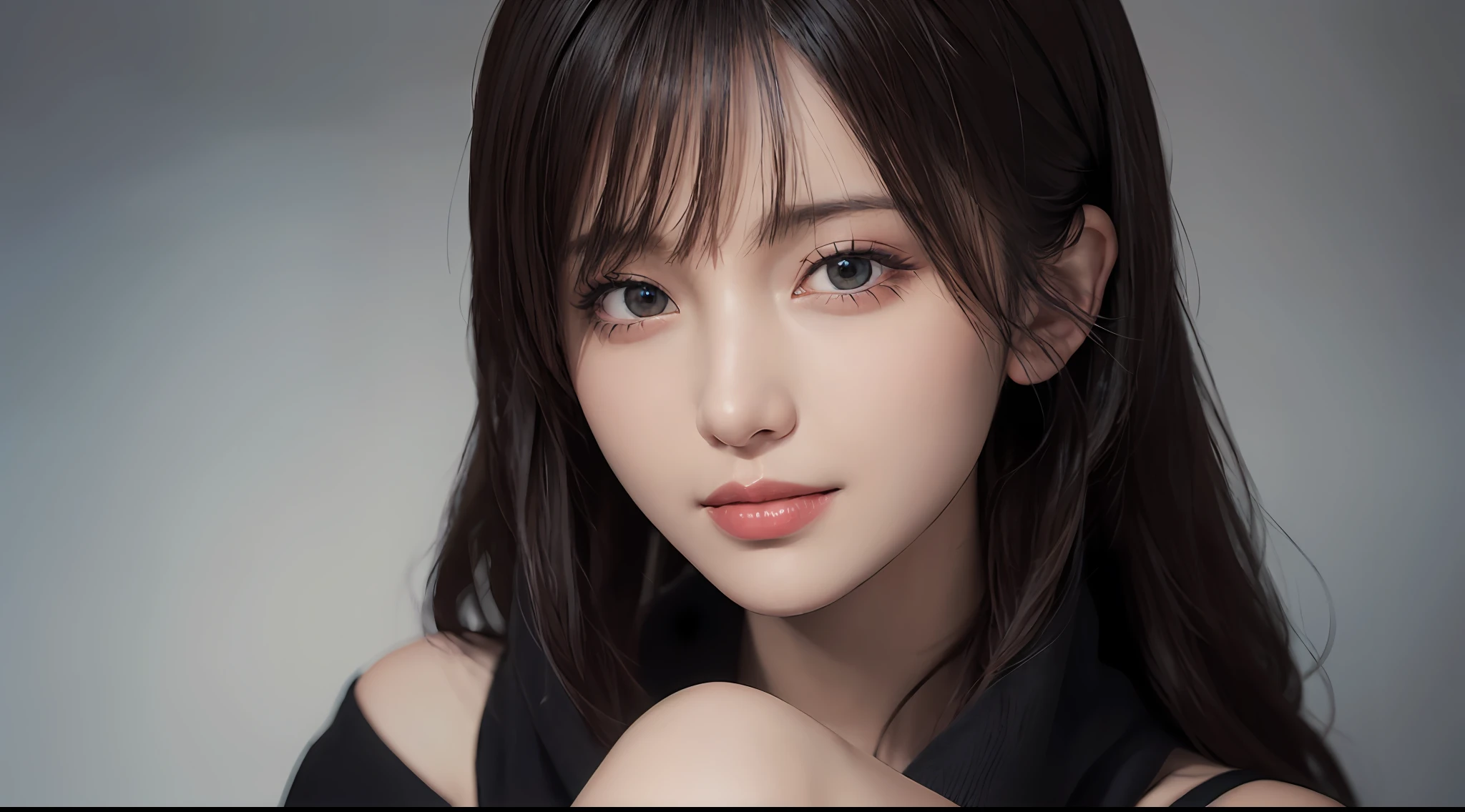 (Ultra Realistic), (Illustration), (High Resolution), (8K), (Very Detailed), (Best Illustration), (Beautiful and Detailed Eyes), (Best Quality), (Ultra Detailed), (Masterpiece), (Wallpaper), (Detailed Face), Solo, One Girl, Viewer, Fine Detail, Detailed Face, In the Dark, Deep Shadows, Low Key, pureerosfaceace_v1, Smile, Long Hair, Black shawl straight hair, 46-point diagonal bangs, full body, legs crossed