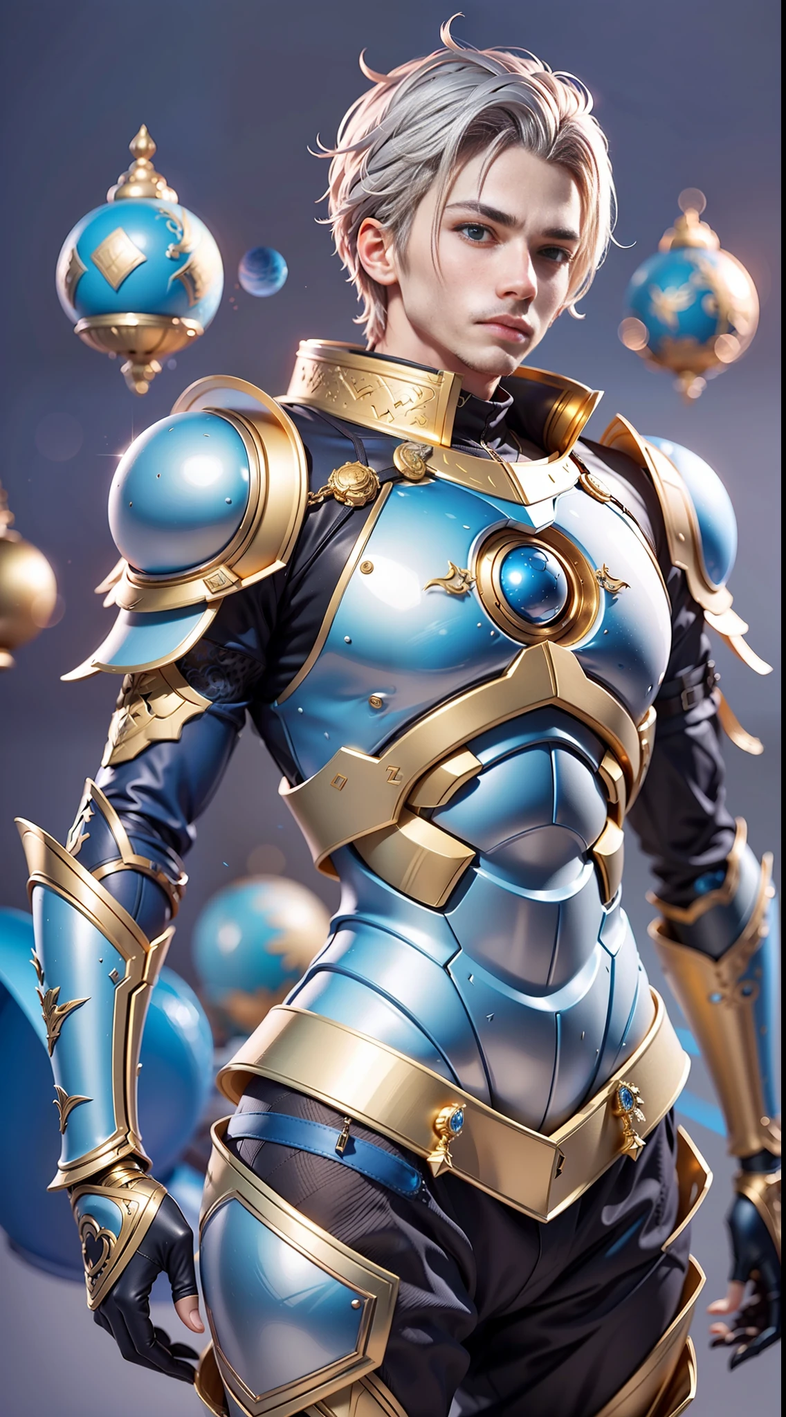Young man, Zodiac knight armor style, short gray gray colored hair, blue eyes, human-shaped head, human body, golden armor color, a luminous blue armor middle sphere, delicate and detailed art, 8k image quality, apocalyptic background, realistic art,