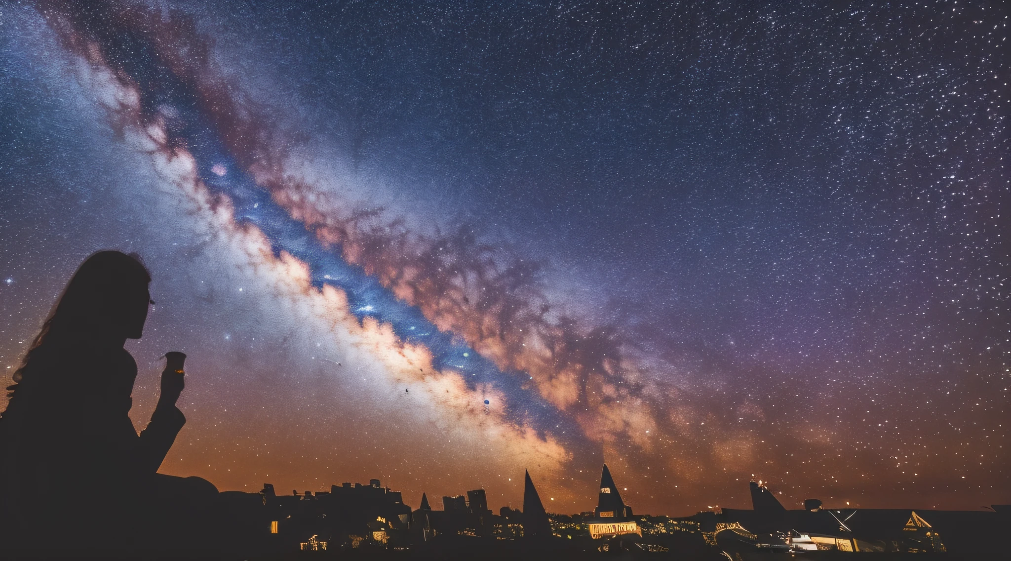 sky, star, landscape, starry sky, night, girl, night sky, solo, outdoor, signature, building, clouds, milky way, sitting, tree, long hair, city, silhouette, cityscape