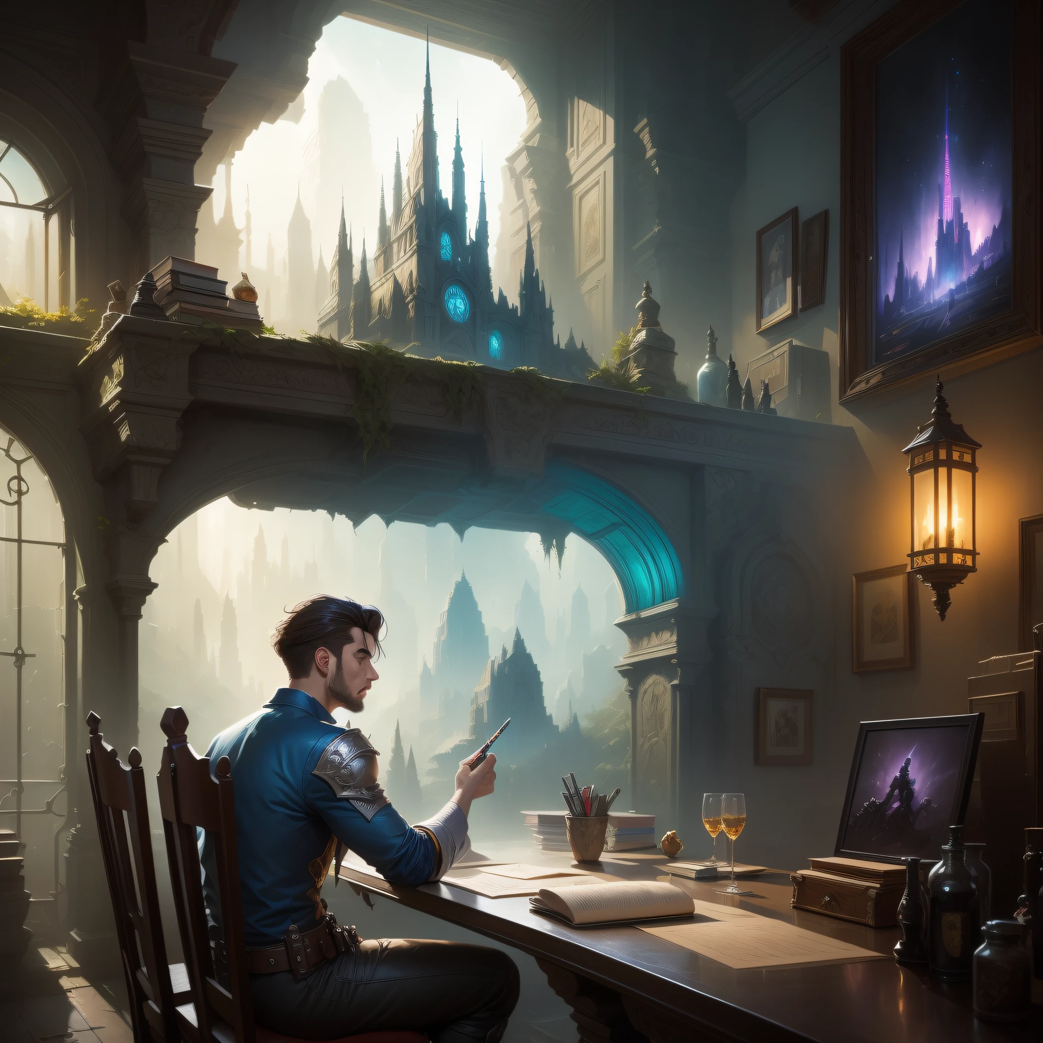 there is a man sitting at a table writing in front of a window, rpg book portrait, roleplaying game art, realistic fantasy illustration, stylized urban fantasy artwork, fantasy rpg book illustration, official character illustration, detailed game art illustration, fantasy book illustration, realistic fantasy render, background art, artstation mans aesthetic, concept art digital illustration, detailed game art