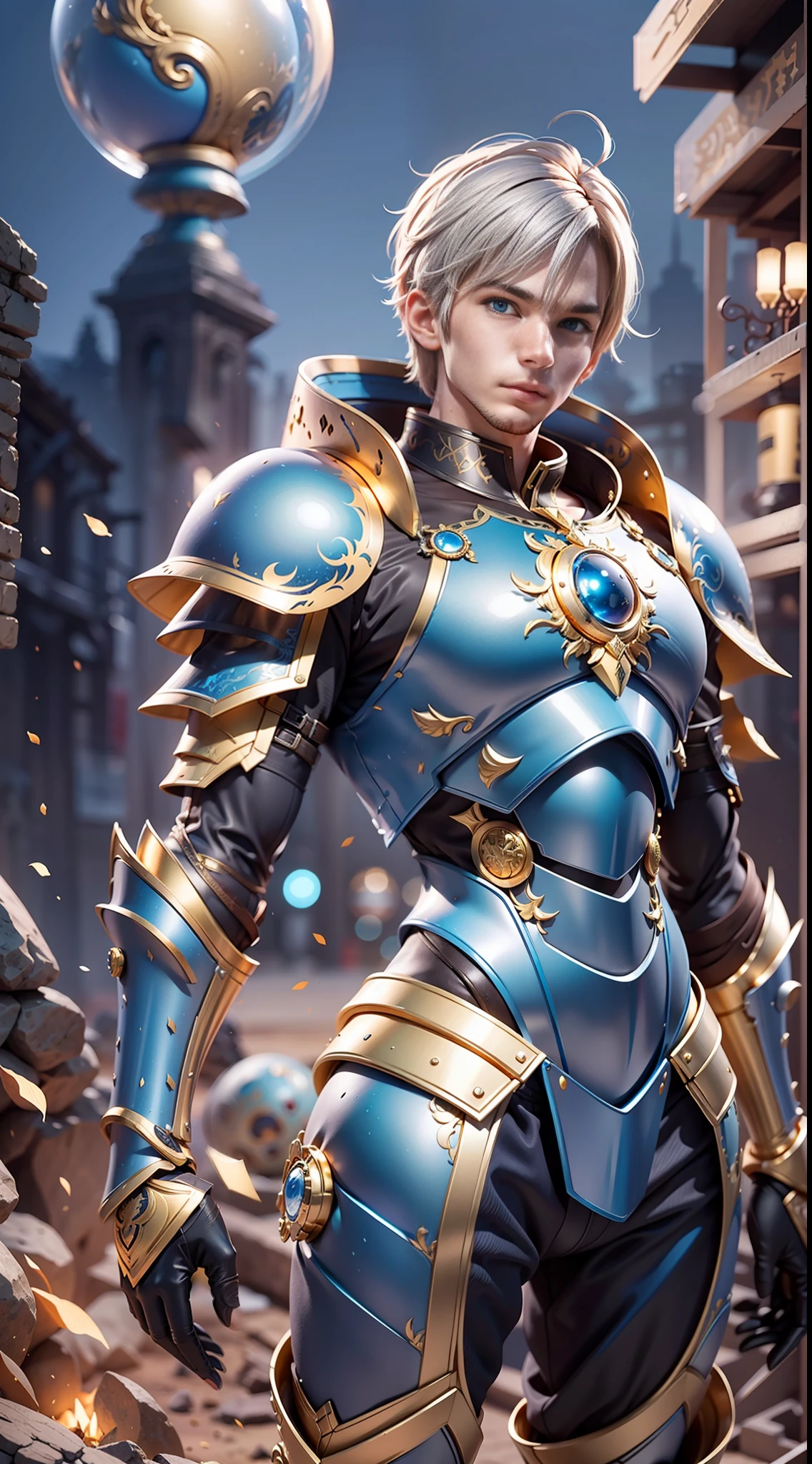 Young man, Zodiac knight armor style, short gray gray colored hair, blue eyes, human-shaped head, human body, golden armor color, a luminous blue armor middle sphere, delicate and detailed art, 8k image quality, apocalyptic background, realistic art,