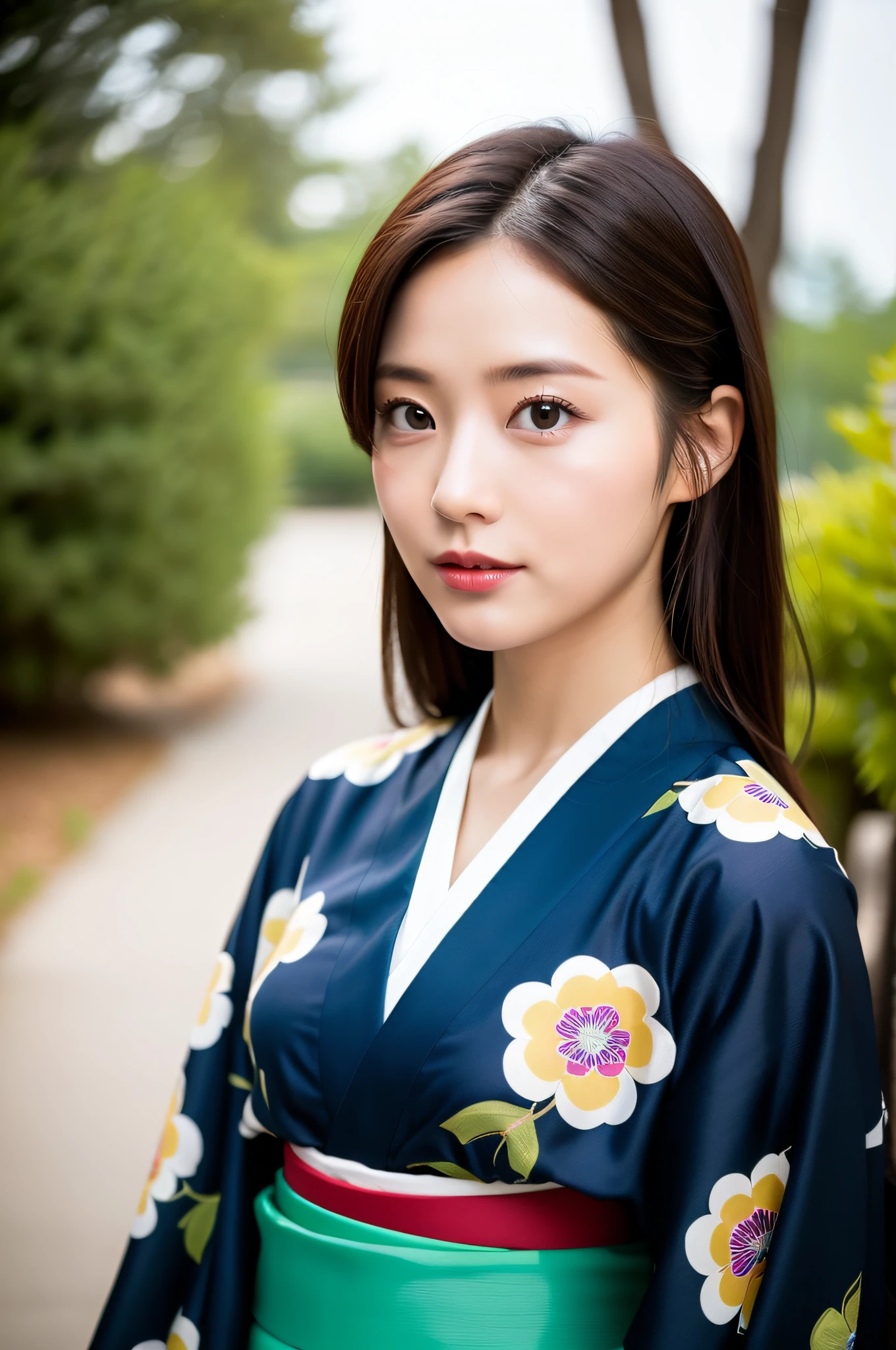 ((Best Quality, 8K, Masterpiece: 1.3)), Sharp Focus: 1.2, (Super Beautiful Face: 1.0), (Slender Abs Beauty: 1.0), (Shiny Skin: 1.0), Realistic Photography, Black Hair, Realistic Pupils, Video Lighting, High Definition Eyes and Face, Video Lighting, (Cowboy Shot: 1.3), (Kimono, Hakama, Obi: 1.4), (Korean Cute Actress), Traditional Kimono, Front Off, Big
