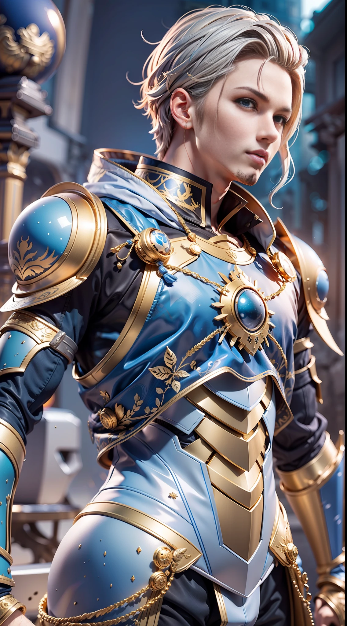Young man, Zodiac knight armor style, short gray gray colored hair, blue eyes, human-shaped head, human body, golden armor color, a luminous blue armor middle sphere, delicate and detailed art, 8k image quality, apocalyptic background, realistic art,