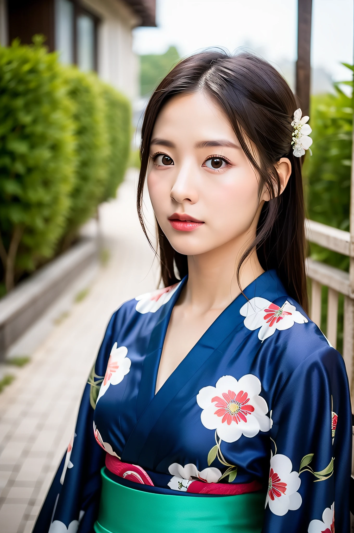 ((Best Quality, 8K, Masterpiece: 1.3)), Sharp Focus: 1.2, (Super Beautiful Face: 1.0), (Slender Abs Beauty: 1.0), (Shiny Skin: 1.0), Realistic Photography, Black Hair, Realistic Pupils, Video Lighting, High Definition Eyes and Face, Video Lighting, (Cowboy Shot: 1.3), (Kimono, Hakama, Obi: 1.4), (Korean Cute Actress), Traditional Kimono, Front Off, Big