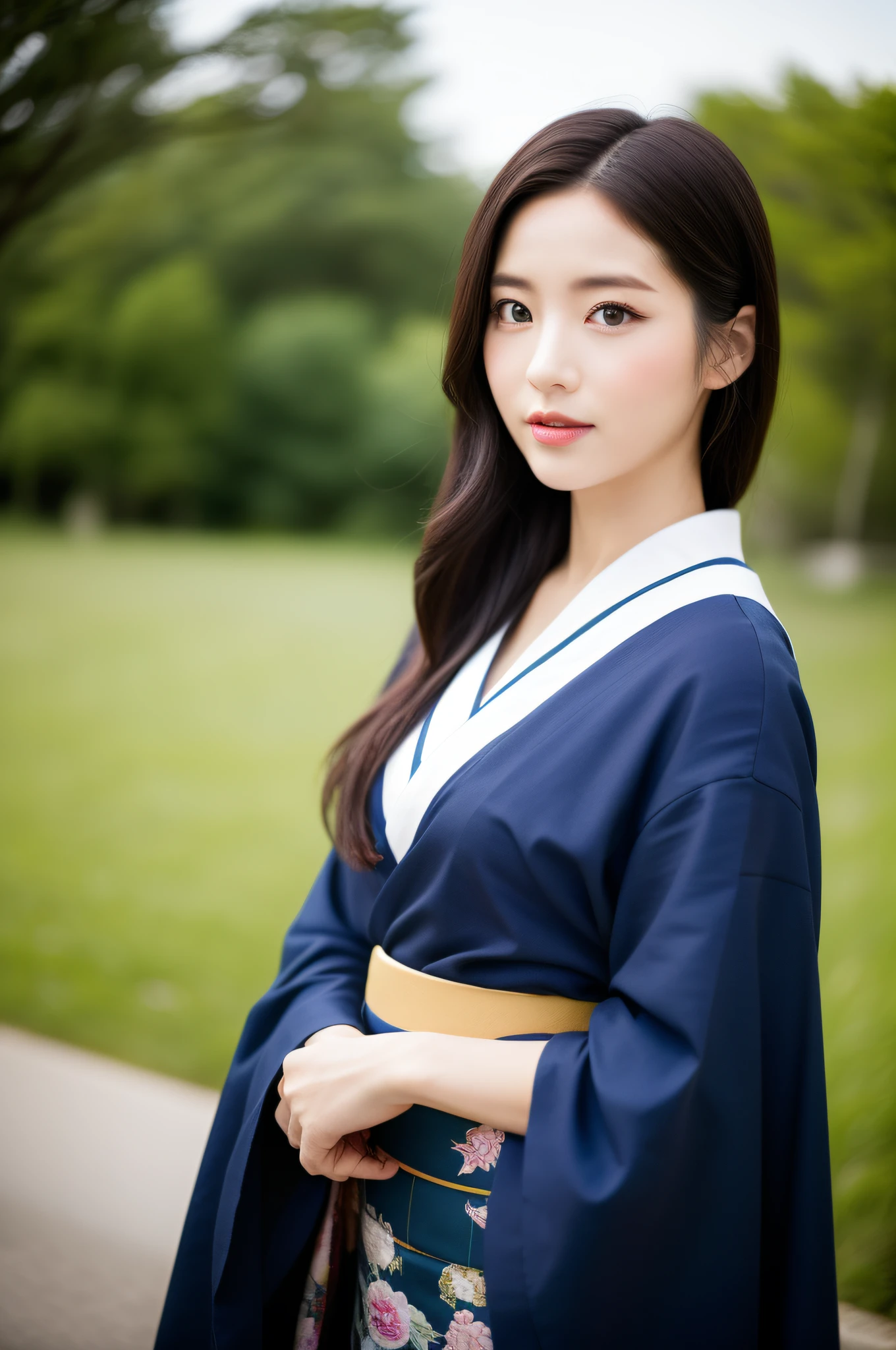 ((Best Quality, 8K, Masterpiece: 1.3)), Sharp Focus: 1.2, (Super Beautiful Face: 1.0), (Slender Abs Beauty: 1.0), (Shiny Skin: 1.0), Realistic Photography, Black Hair, Realistic Pupils, Video Lighting, High Resolution Eyes and Face, Video Lighting, (Cowboy Shot: 1.3), (Kimono, Hakama, Obi: 1.4), (Korean Cute Actress), Traditional Kimono, Big