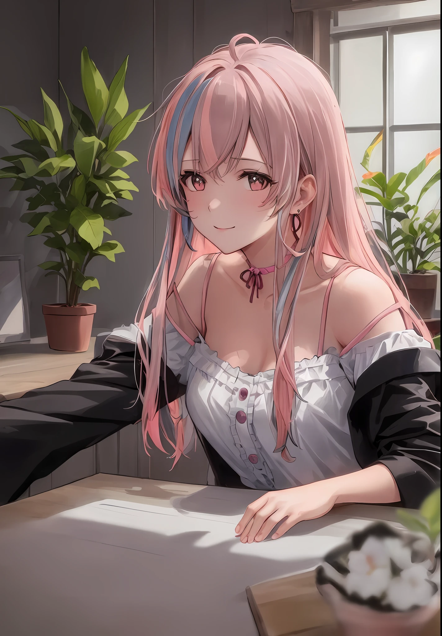 ((masterpiece)), breasts, looking_at_viewer, short hair, (multicolored_eyes:1.5), (pink hair:1.8), bangs, blue_eyes, ((light_smile)), (long locks:1.4), (ribbon earrings), masterpiece, best quality, high quality, absurdres, shiny skin, colorful, dynamic pose, stunning art, best quality, hyper detailed, dynamic angle, beatlful detailed, reflective hair, good lighting, ray tracing, depth of field, ultra-detailed, illustration, Amazing, fine detail, extremely detailed, ((ultra-detailed)), (beautiful detailed girl), beautiful detailed glow, intricate detail, highres, an extremely delicate and beautiful, beautiful detailed eyes, realistic, hdr, rounded eyes, detailed facial features, (illustration), (beautiful detailed eyes), ((very detailed face)), depth_of_field, eyebrows_visible_through_hair, frills, looking_at_viewer, (upper body:1.4), clothes reflecting light, (light diffraction on skin: 1.35), (glossy skin: 1.55), (Iridescence Effect: 1.55), collarbone, white_shirt, long_sleeves, choker, flower, camera, (indoor, potted plant:1.5), critical angle,