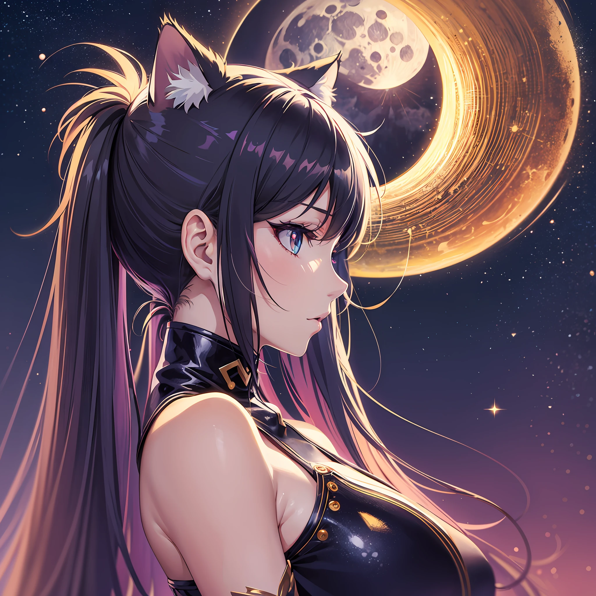 (anime mode) human girl,cat ears, cat tail, vivid colors, high contrast, complementary colors, natural lighting, sharp lines, award-winning, RGB, cinematic lighting, golden ratio, profile view, night and lunar background