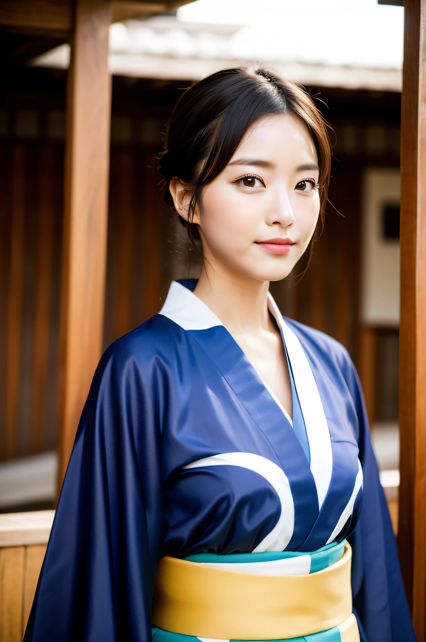 ((Best Quality, 8K, Masterpiece: 1.3)), Sharp Focus: 1.2, (Super Beautiful Face: 1.0), (Slender Abs Beauty: 1.0), (Shiny Skin: 1.0), Realistic Photography, Black Hair, Realistic Pupils, Video Lighting, High Definition Eyes and Face, Video Lighting, (Cowboy Shot: 1.3), (Kimono, Hakama, Obi: 1.4), (Korean Cute Actress), Traditional Kimono, Front Off, Big