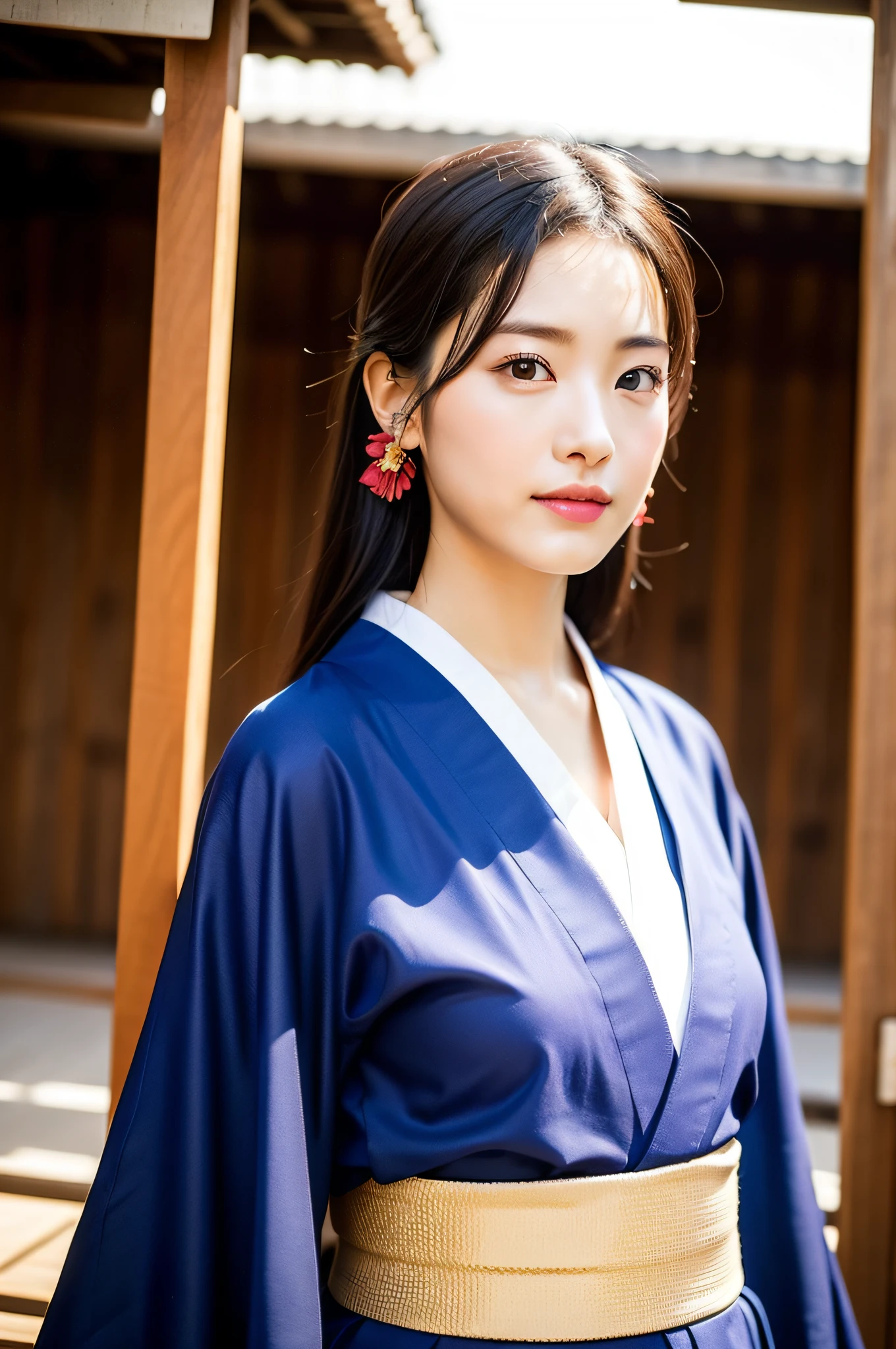 ((Best Quality, 8K, Masterpiece: 1.3)), Sharp Focus: 1.2, (Super Beautiful Face: 1.0), (Slender Abs Beauty: 1.0), (Shiny Skin: 1.0), Realistic Photography, Black Hair, Realistic Pupils, Video Lighting, High Definition Eyes and Face, Video Lighting, (Cowboy Shot: 1.3), (Kimono, Hakama, Obi: 1.4), (Korean Cute Actress), Traditional Kimono, Front Off, Big