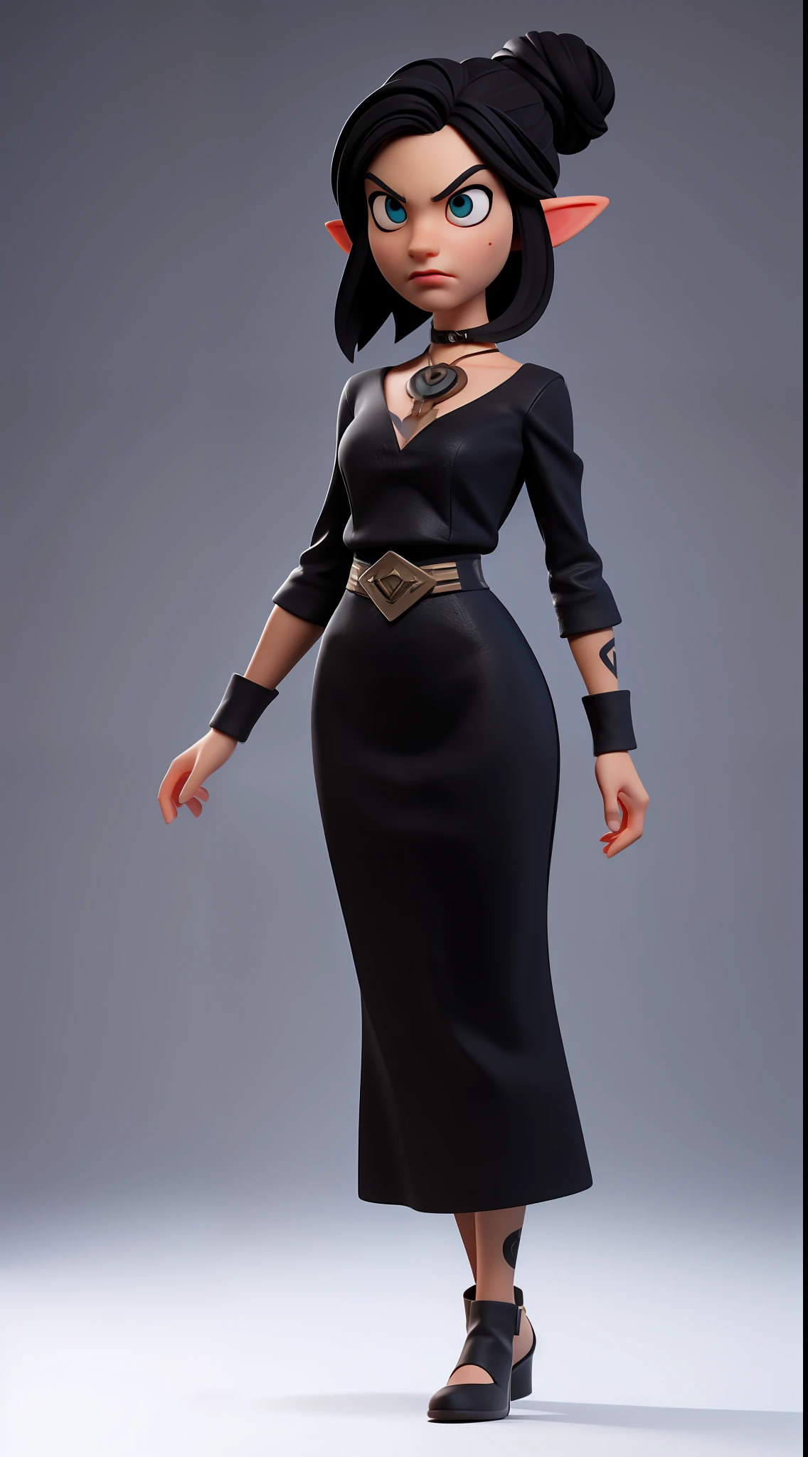 (Masterpiece), (Excellent), (Super Meticulous), (Full Body: 1.2), realistic and proportional human body:1.2, gorgeous Woman, Female beautiful elf:1.5, tall and slender, small breasts, thin waist, thick tighs, elegant lady, black hair stylized in a high high bun:1.5, solo:1.5, 1girl, hyper detailed medieval long black dress:1.8, nouble, big realistic amber eyes:1.2,  hyper detailed face, d&d iconic character, hyper natural realistic skin, herbal tattoos on her neck,Very Clean Face, Confident and proud facial expression, 3D character design, CGI extreme detailed wallpaper digital art, cartoon style correct anatomy, octane render, fierce expression on her face, volumetrics