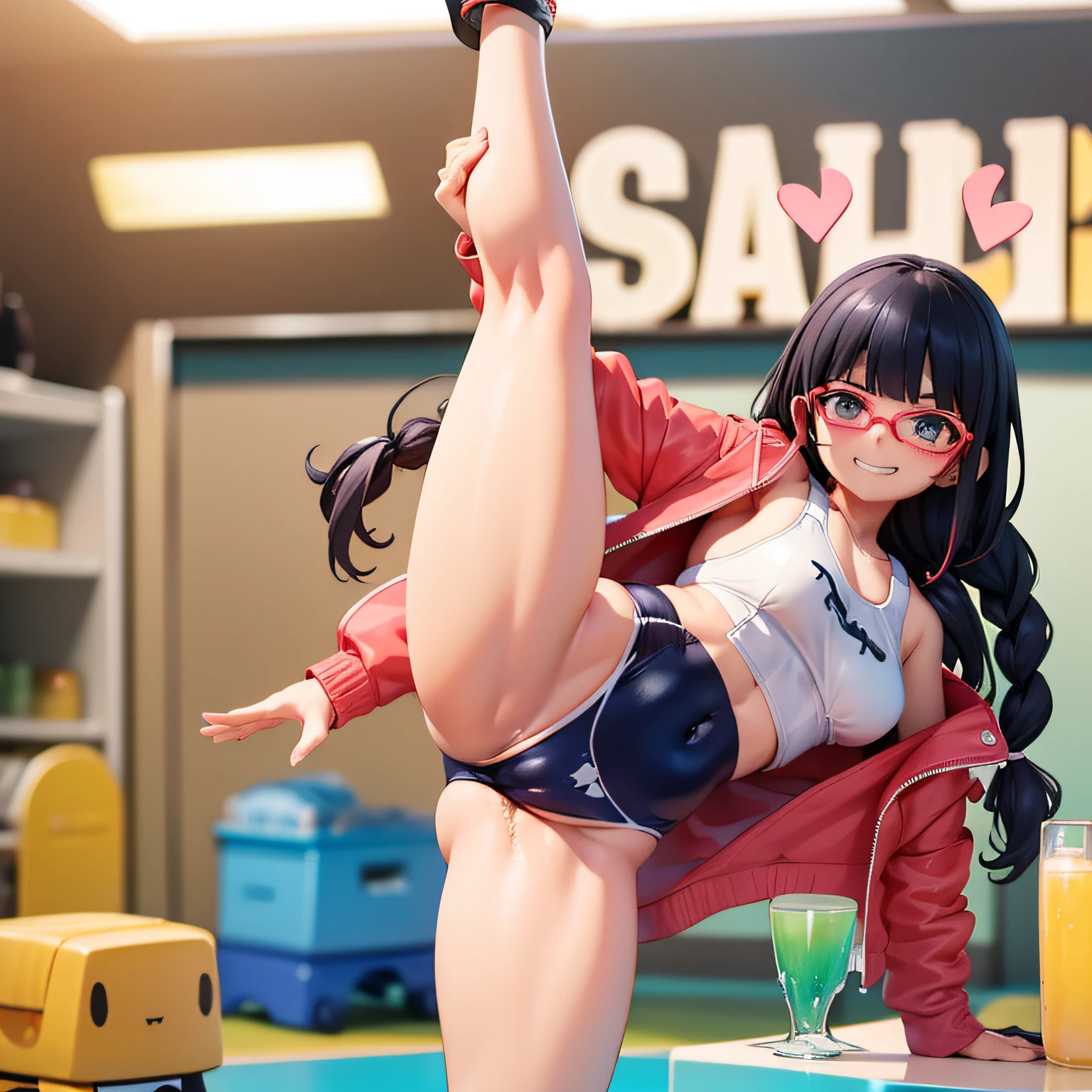 masterpiece, best quality, perfect face, perfect eyes, intricate details, 1 girl, black hair, glasses, blunt bangs, double twin braids, (school swimsuit:1.3), small tits, indoors, perfect anatomy, thick thighs, muscular legs, sweating, full body, slender legs, flexible, (standing on one leg, standing split:1.1), abs, muscles, (evil smile:1.3), (love juice, cameltoe:1.3),