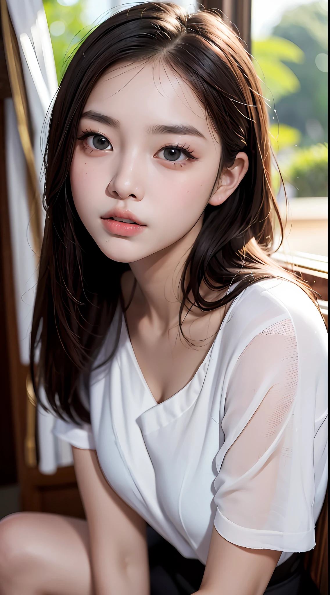 Masterpiece,(Most Realist:1.5),Max Resolution,Max Face Resolution,Maximum Environmental Detail,Most Beautiful Woman,,Thai Woman,Thai,Teen Girl,Fair Skin,Big Eyes,Beautiful Eyes,Short,Bright Face,Most Beautiful Nose,Sitting on a Wonder