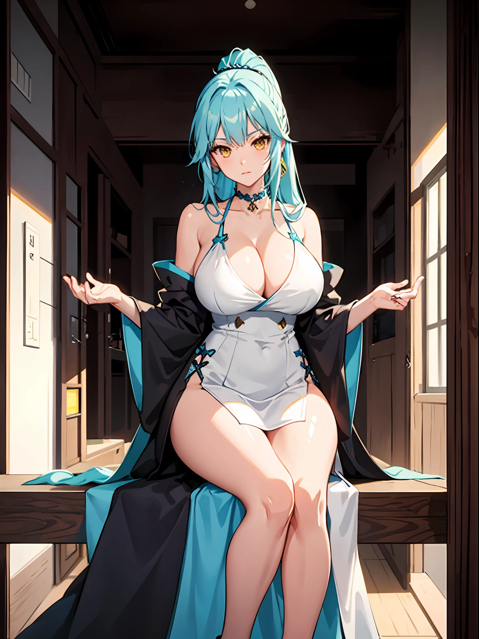 Anime, female, light blue hairs, yellow eyes, long hair, ponytail, massive boobs, long dress, thigh, bare shoulder, collarbone, sitting, looking at viewer, in building,