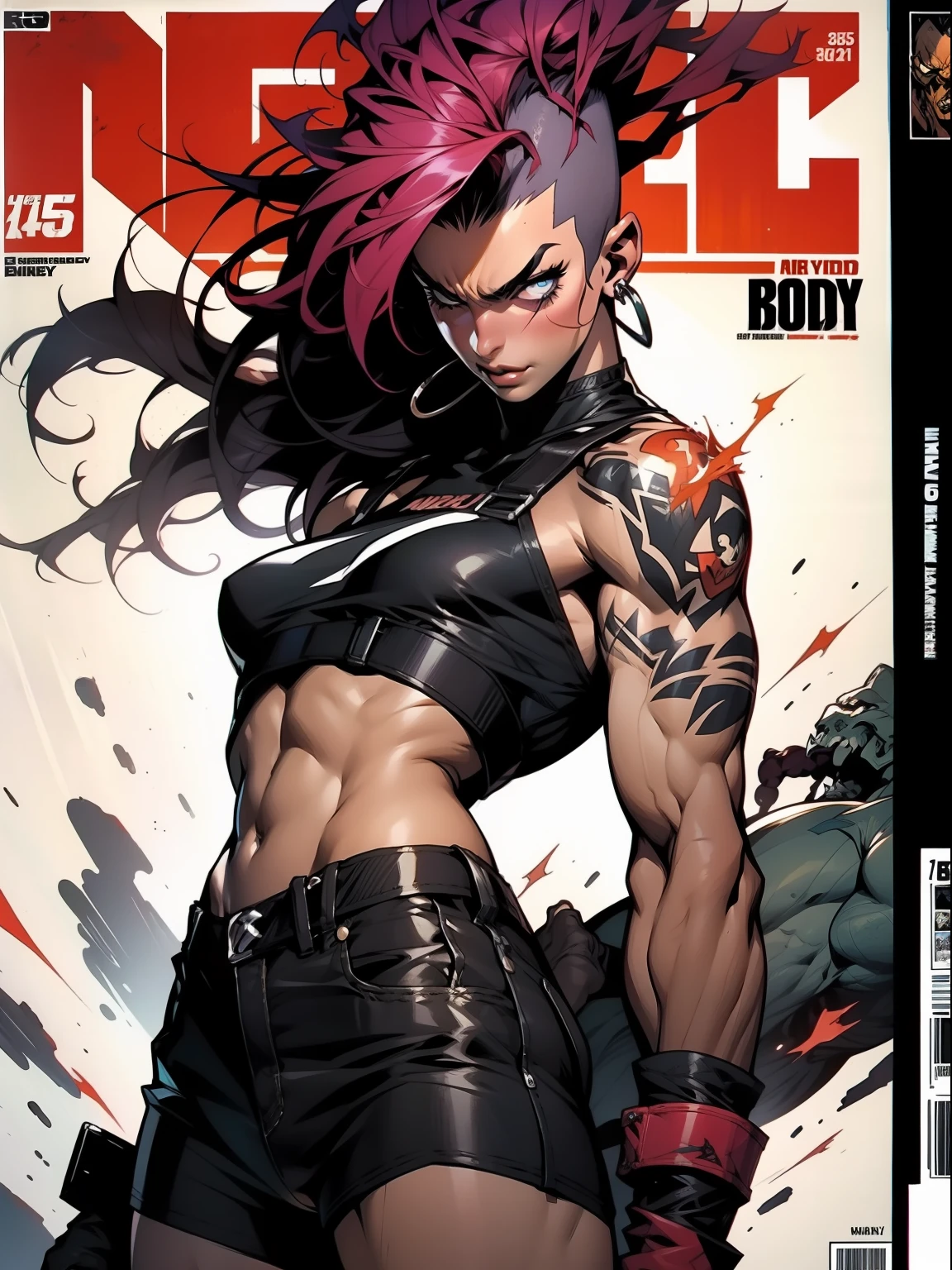 A muscular 35-year-old warrior woman almost naked in the Simon Bisley style for the cover of Heavy Metal magazine, colorful mohawk hair, Minimum clothing, Ink-stained short clothes,