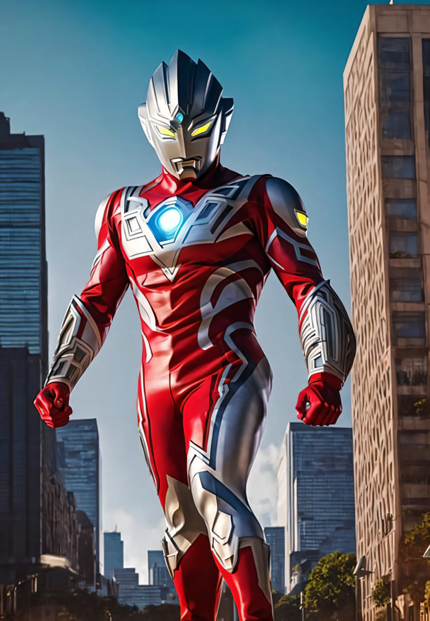 ultraman, giant hero, glowing red eye, city, building, noon, (full body), cinematic lighting, highly detailed, hdr, realistic, (((detailed background))), perfect anatomy,