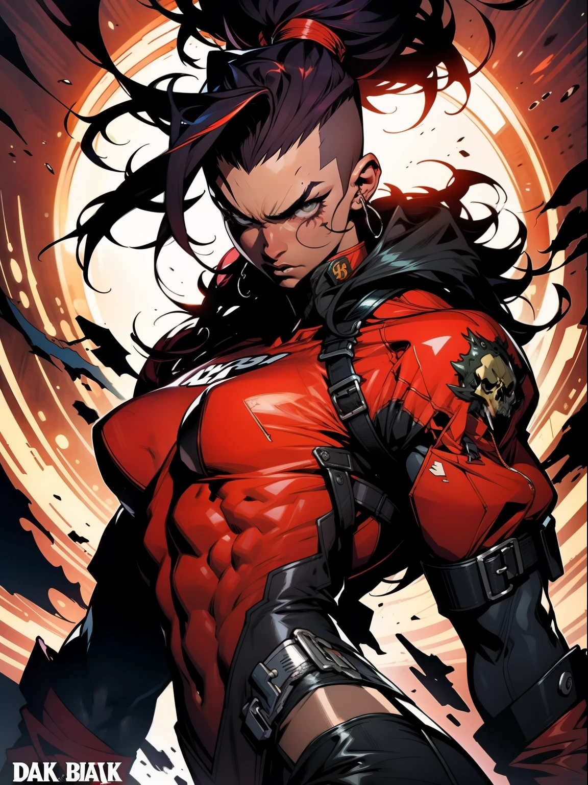 A muscular 35-year-old warrior woman almost naked in the Simon Bisley style for the cover of Heavy Metal magazine, dark red clothes, colorful mohawk hair, Minimum clothing, Short clothes,