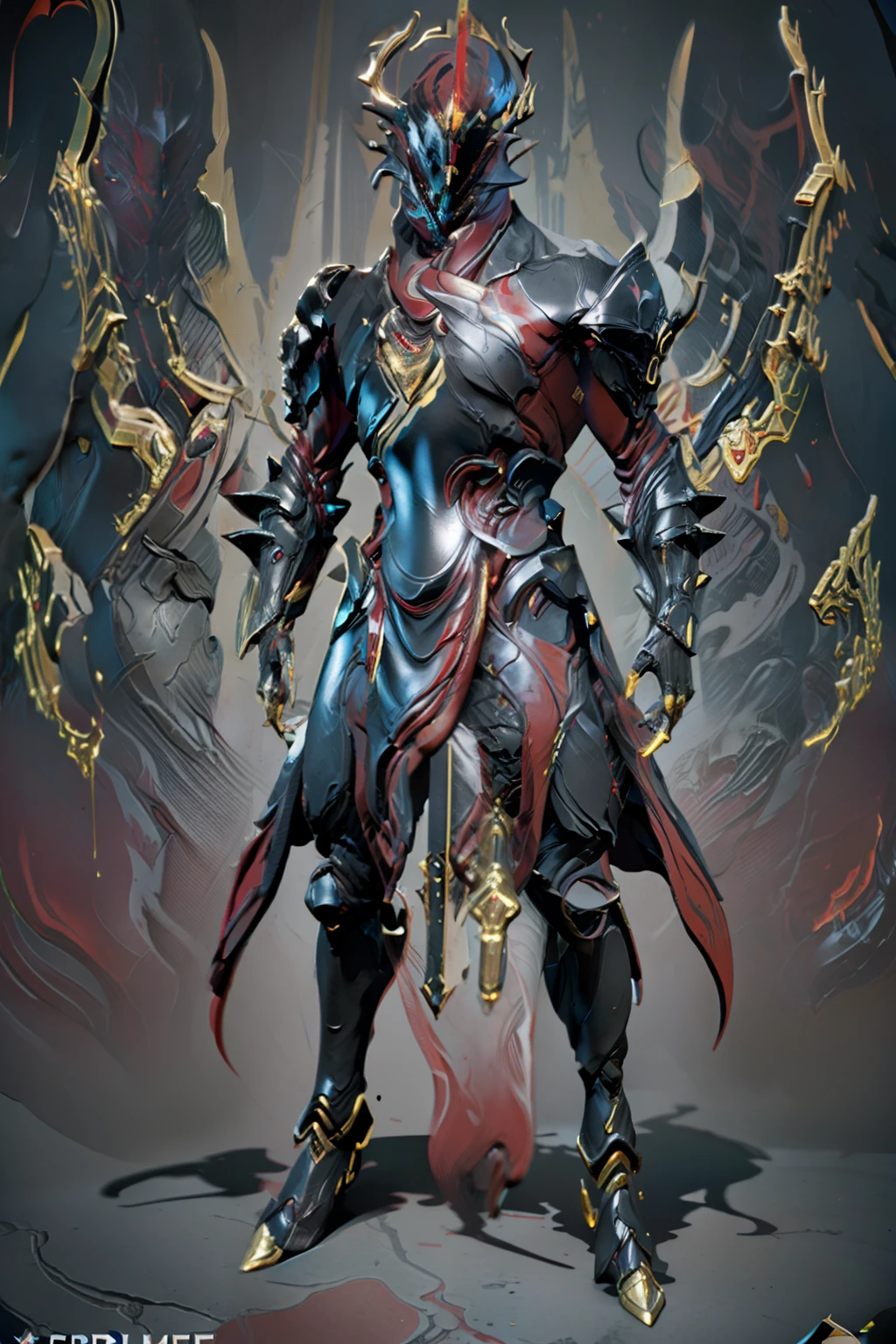 solo, super fine photo, full body picture Unreal Engine 5 8K UHD, male, thin, black and crimson color scheme armor, dark red tattoo details, dracula design, long scarf cover the left arm, red eyes, simple design, best quality, masterpiece, official art, unified 8k wallpaper, high detailed, sharp focus, dynamic pose, body parts