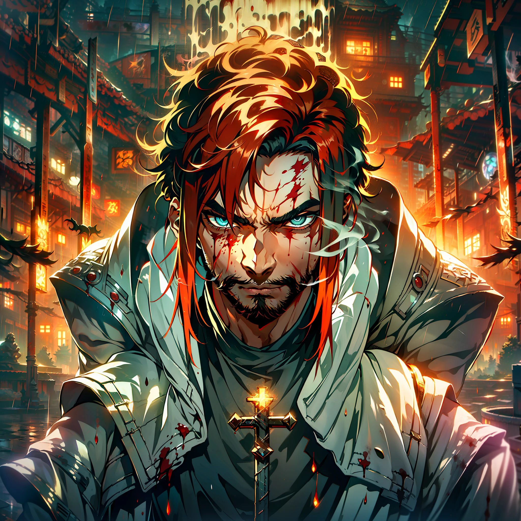 ((((Detailed face)))), masterpiece, best quality,(cassock), (clergy), ultra-detailed, Gothic city, ((((adult man))),serious face, ((colored eyes))), whole body , ((((male))), looking at the viewer, blood, infincada cross, red chalice Holy Grail in the illuminated sky, rainy night, gothic, adult, liquid blood spear, evil, rain of blood, background of burning village, 1boy, red hair with white gradient, heavy rain, pink fire, evil, destruction, ultimatum, smoke, edgy, indifferent