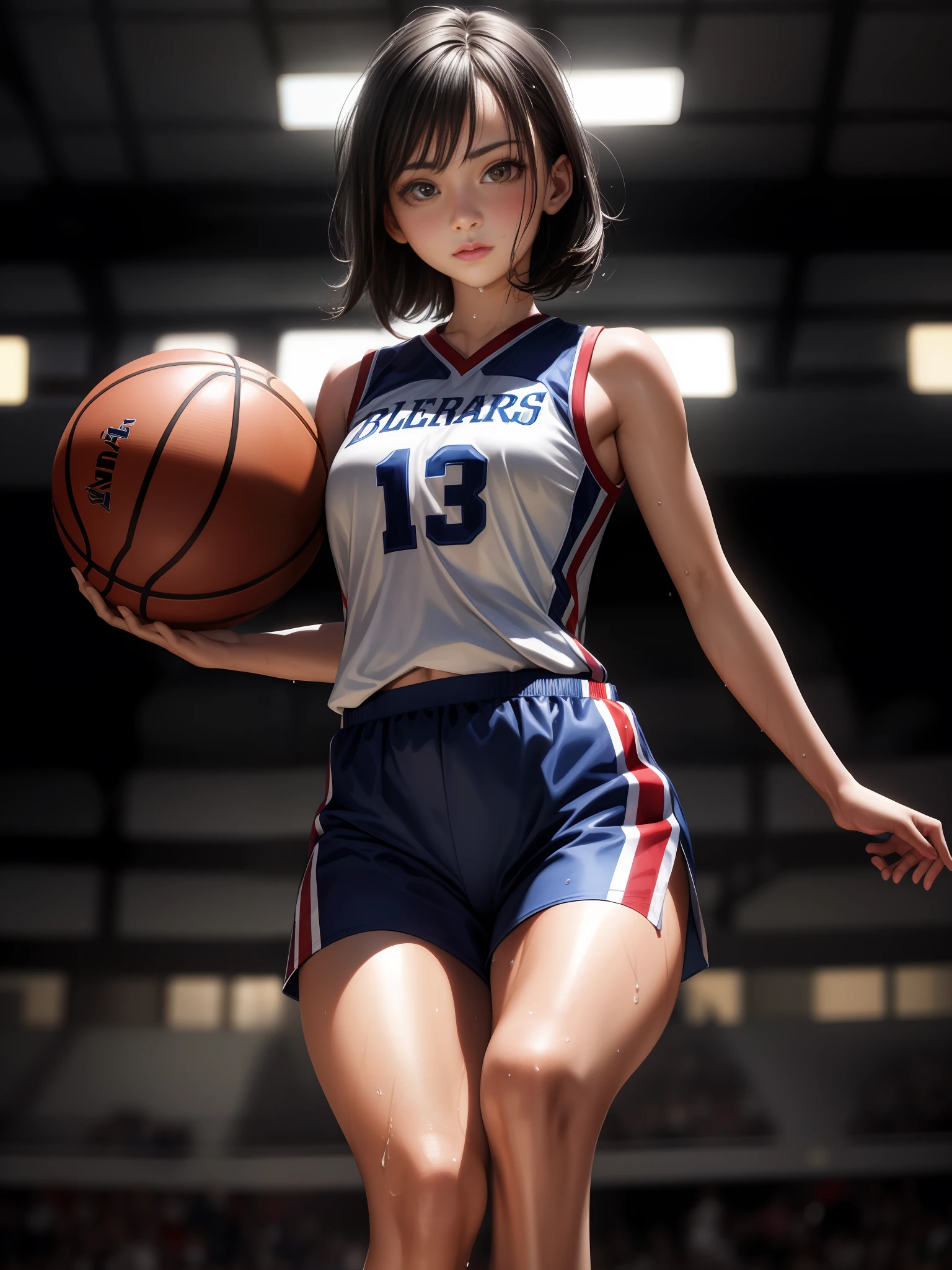 masterpiece,ultra detailed,realistic photo, 1beautiful girl, basketball uniform,detailed crewcut hair, big eyes, looked away,small delicate head,shiny skins,large breasts,tone abs,nice foots,wet skins sweat,basketball venue,illumination,from below