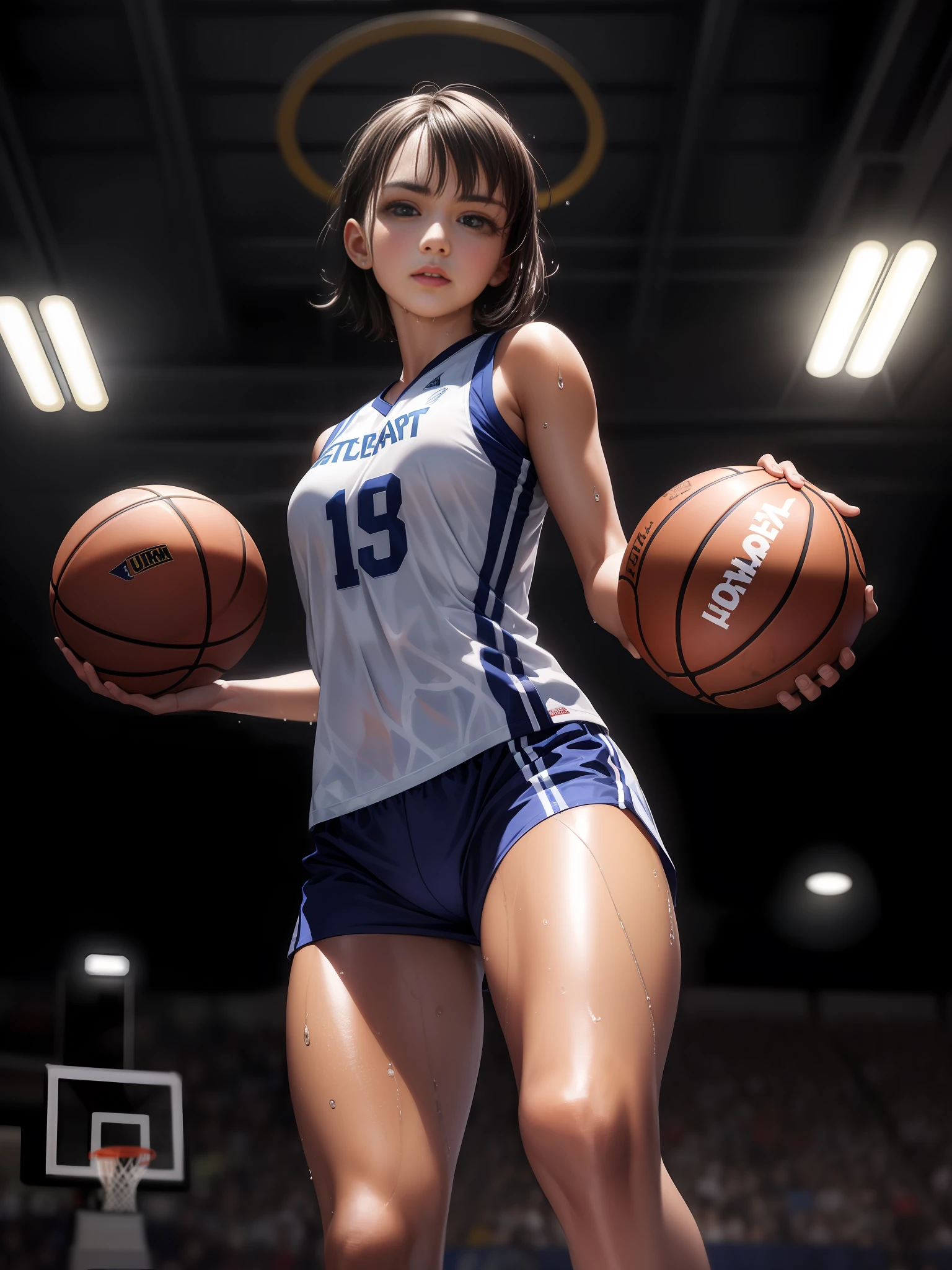 masterpiece,ultra detailed,realistic photo, 1beautiful girl, basketball uniform,detailed crewcut hair, big eyes, looked away,small delicate head,shiny skins,large breasts,tone abs,nice foots,wet skins sweat,basketball venue,illumination,from below